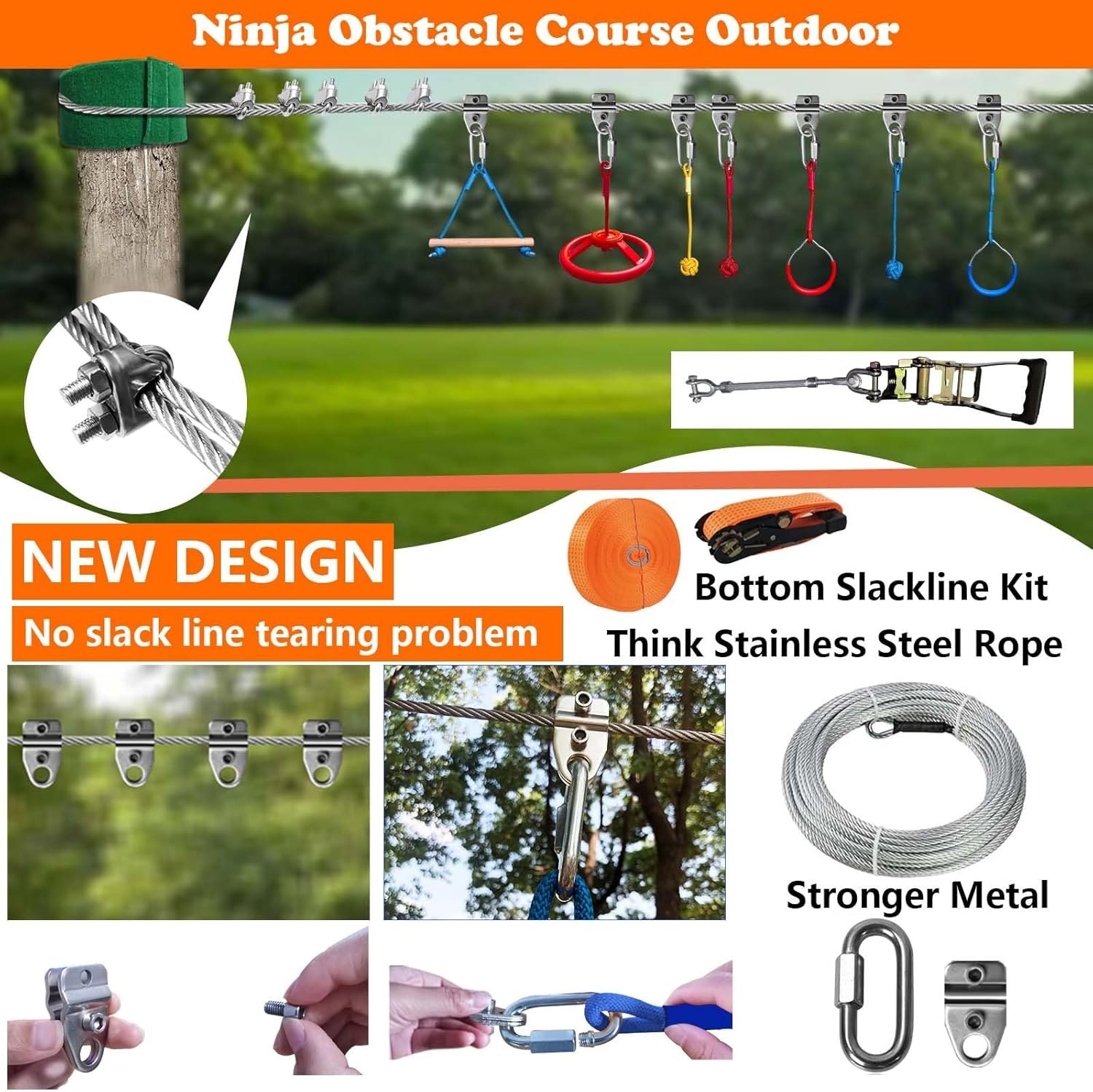 Ninja Warrior Obstacle Course for Kids Backyard Outdoor, 65ft Stainless Steel Main Cable, 65ft Bottom Slackline, Weatherproof, 14 Pcs Training Accessories, Climbing Net, Swing, Ladder 65FT 14Pcs Bottom Rope PM — photo 3
