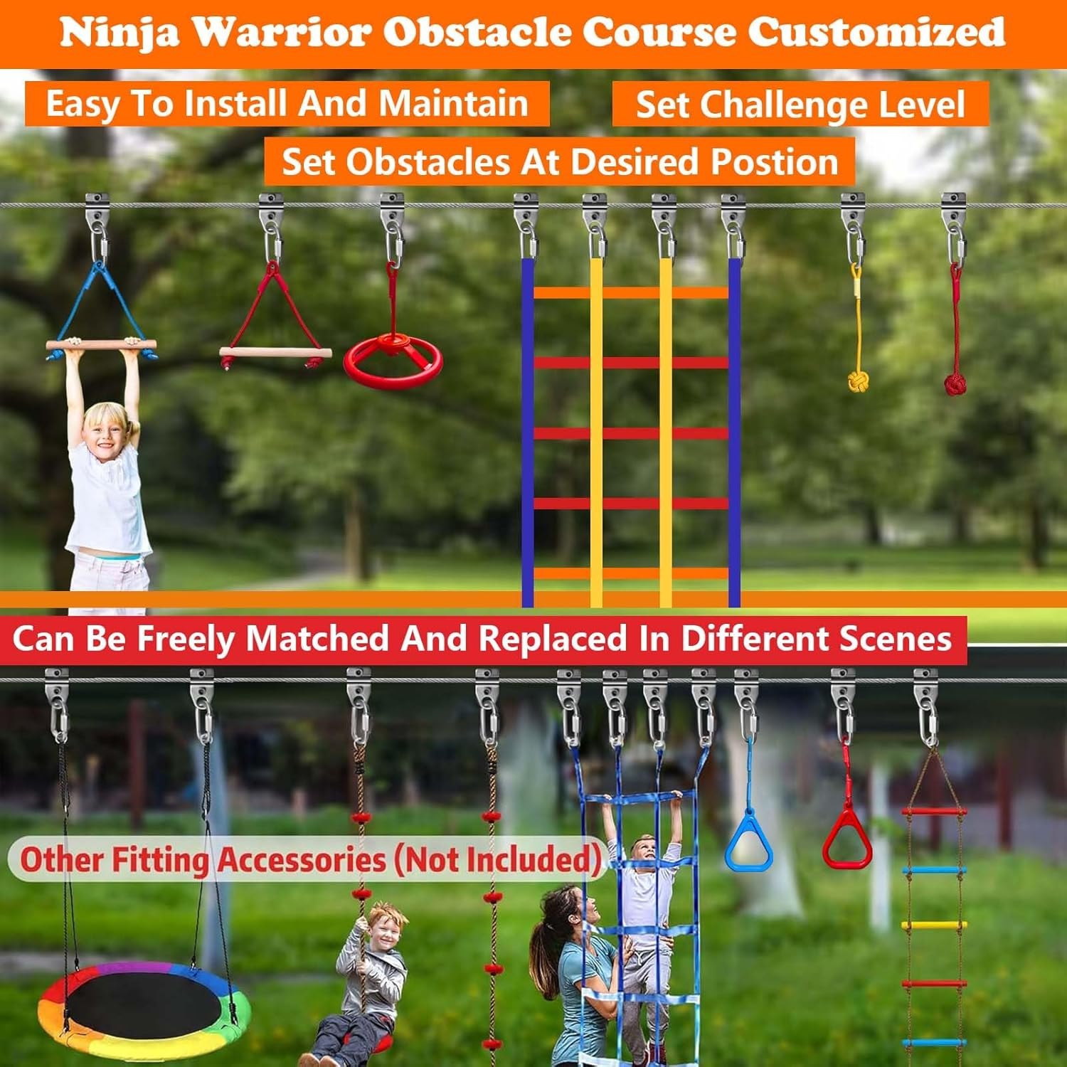 Ninja Warrior Obstacle Course for Kids Backyard Outdoor, 65ft Stainless Steel Main Cable, 65ft Bottom Slackline, Weatherproof, 14 Pcs Training Accessories, Climbing Net, Swing, Ladder 65FT 14Pcs Bottom Rope PM — photo 4
