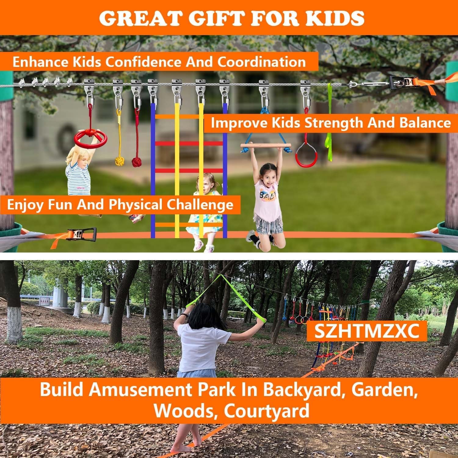 Ninja Warrior Obstacle Course for Kids Backyard Outdoor, 65ft Stainless Steel Main Cable, 65ft Bottom Slackline, Weatherproof, 14 Pcs Training Accessories, Climbing Net, Swing, Ladder 65FT 14Pcs Bottom Rope PM — photo 5