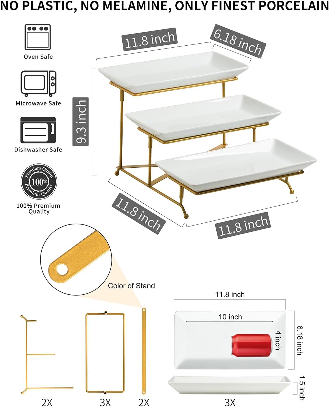 LAUCHUH 3 Tier Serving Tray, Porcelain Serving Platter Tier Serving Stand with Collapsible Sturdier Rack, Serving Trays and Platters Dessert Party Display Set for Valentine's Day, Gold, 12 Inch 12 Inch Gold