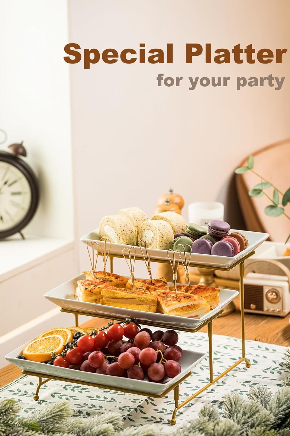 LAUCHUH 3 Tier Serving Tray, Porcelain Serving Platter Tier Serving Stand with Collapsible Sturdier Rack, Serving Trays and Platters Dessert Party Display Set for Valentine's Day, Gold, 12 Inch 12 Inch Gold — photo 5