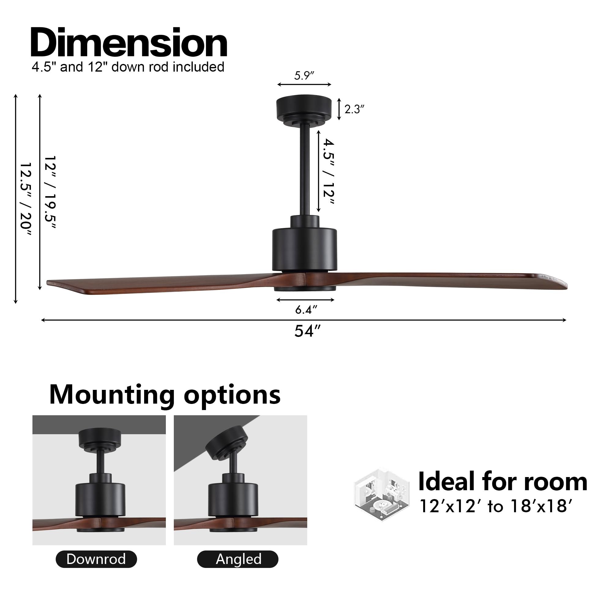 WINGBO 54 Inch DC Ceiling Fan without Lights, 4 Carved Solid Wood Blades, 6-Speed Noiseless Reversible DC Motor, Modern Ceiling Fan No Light with Remote, Black Finish with Walnut Blades, ETL Listed — photo 2