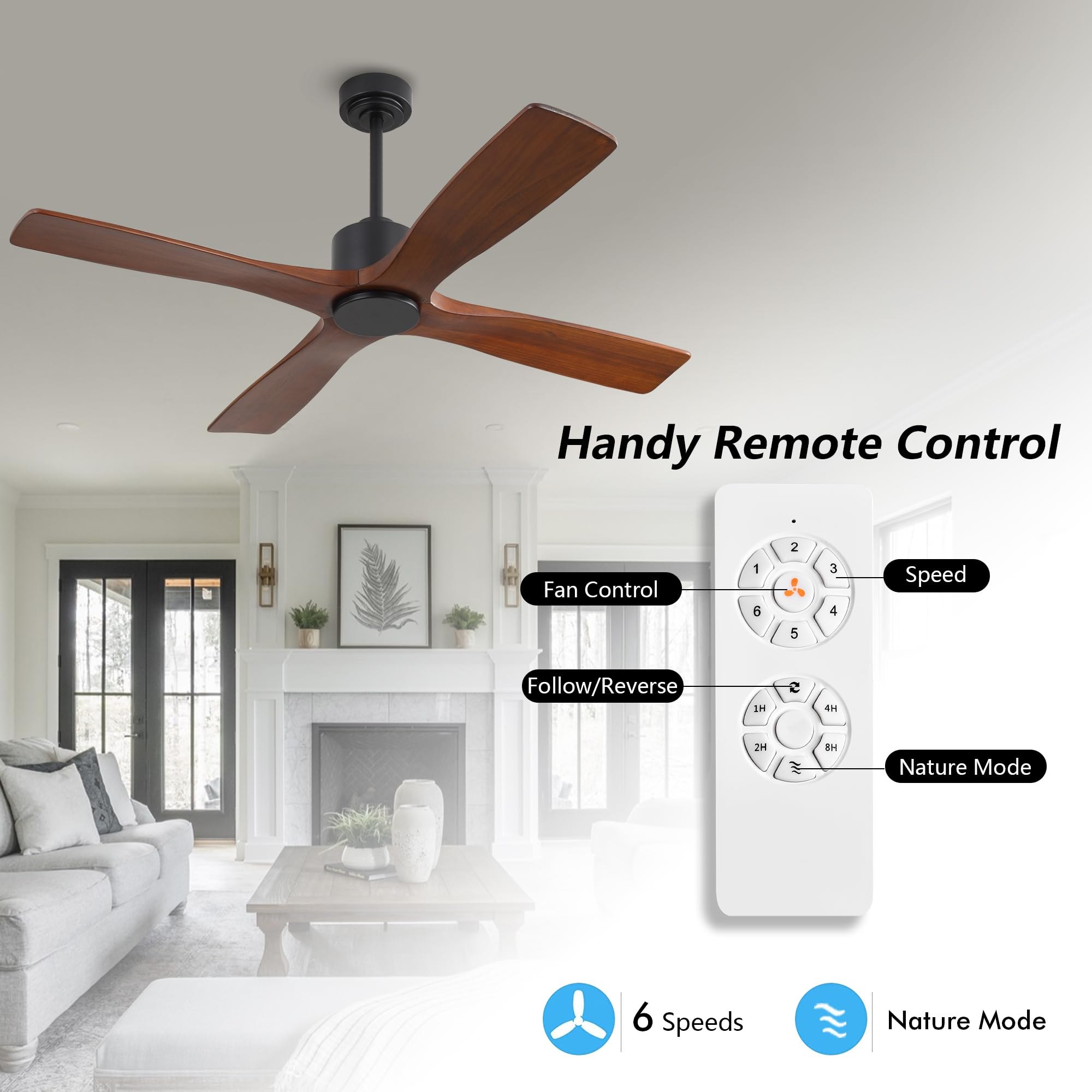WINGBO 54 Inch DC Ceiling Fan without Lights, 4 Carved Solid Wood Blades, 6-Speed Noiseless Reversible DC Motor, Modern Ceiling Fan No Light with Remote, Black Finish with Walnut Blades, ETL Listed — photo 3