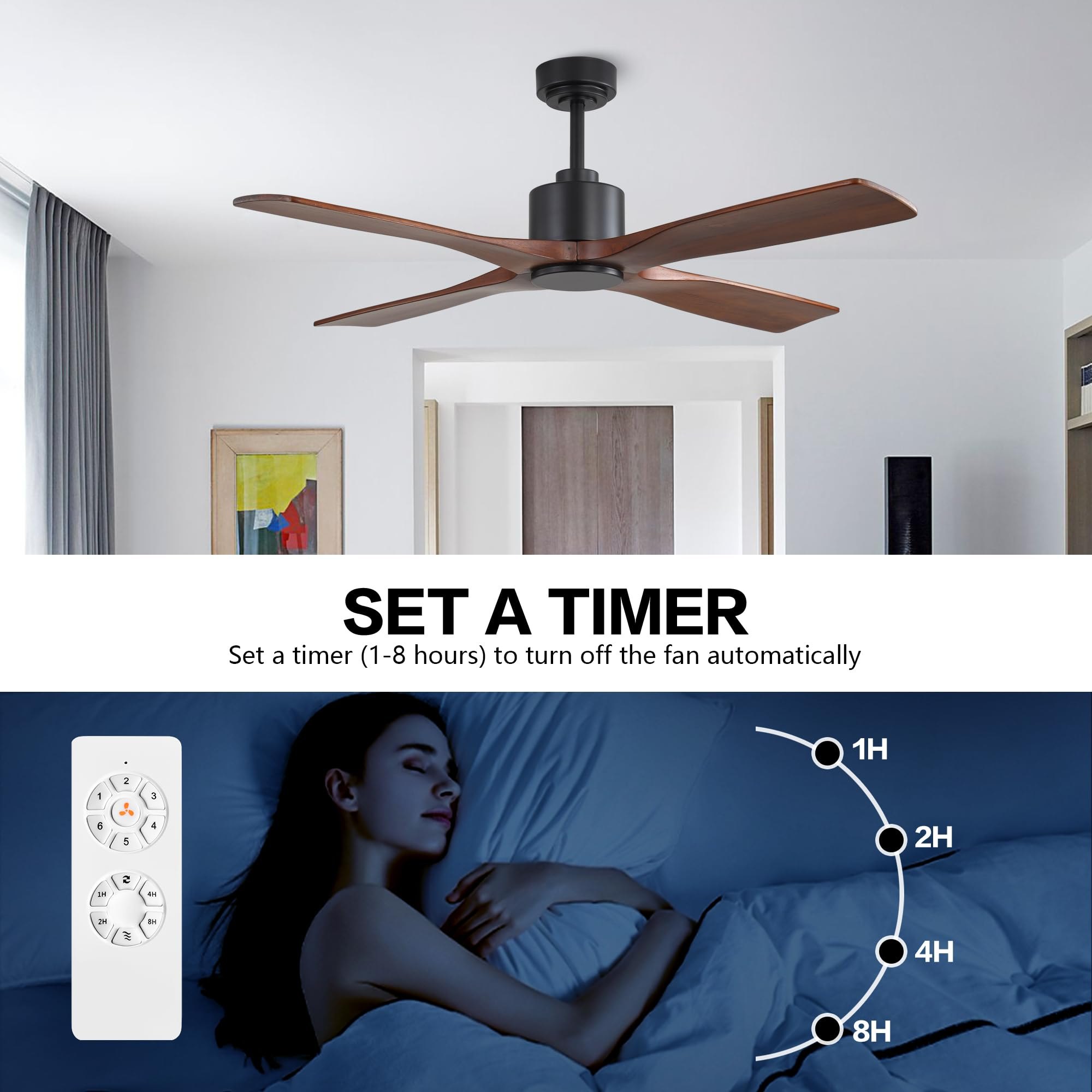 WINGBO 54 Inch DC Ceiling Fan without Lights, 4 Carved Solid Wood Blades, 6-Speed Noiseless Reversible DC Motor, Modern Ceiling Fan No Light with Remote, Black Finish with Walnut Blades, ETL Listed — photo 6