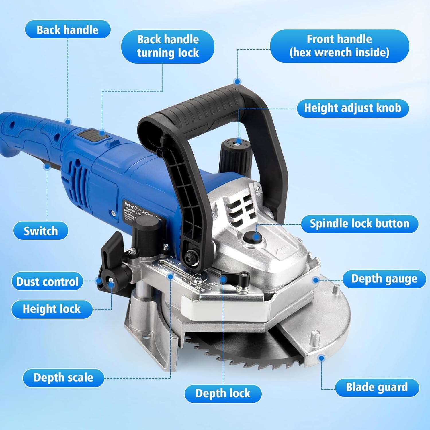 Heavy-Duty Undercut Saw Jamb Saw Kit 1800W 2.5HP 120V 60Hz, with Two 6.5" Alloy Blade (Wood) and One Diamond Blade (Tiles and Masonary), 13ft Cord, Model EUS1800