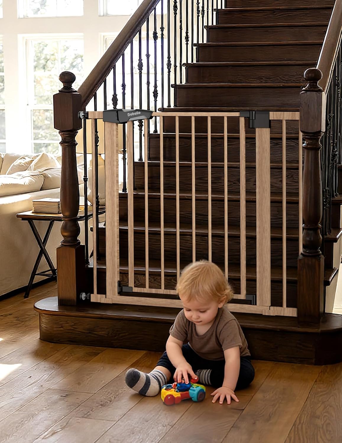 Mom's Choice Award Winner-BABELIO 26-40" Metal Baby Gate with Wood Pattern, PressGuard C5 Easy Install Pressure Mounted Dog Gate for Stairs and Doorways, with Wall Protectors and Extension Kits Wood Pattern 30"Tall 26"-40" Wide
