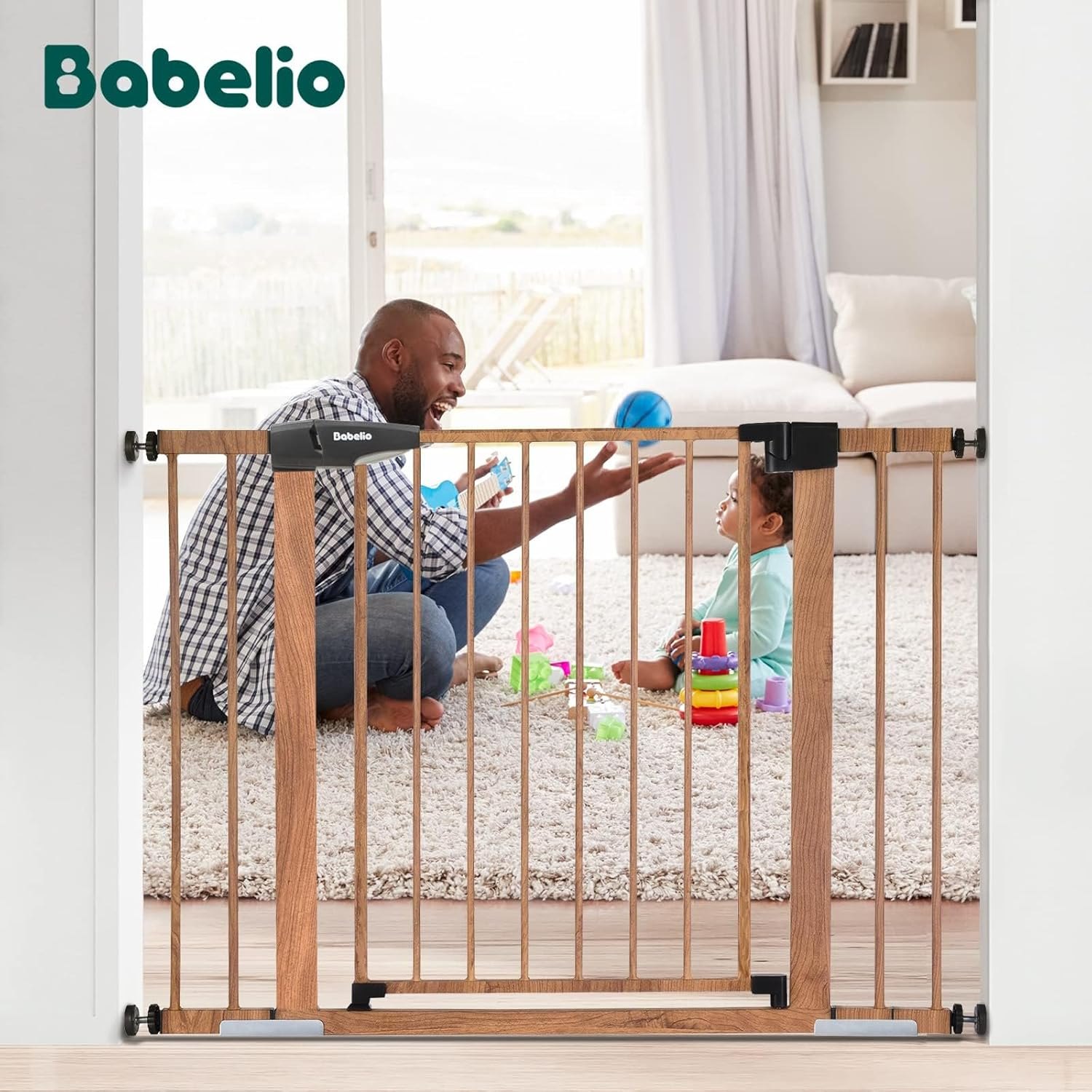 Mom's Choice Award Winner-BABELIO 26-40" Metal Baby Gate with Wood Pattern, PressGuard C5 Easy Install Pressure Mounted Dog Gate for Stairs and Doorways, with Wall Protectors and Extension Kits Wood Pattern 30"Tall 26"-40" Wide — photo 3