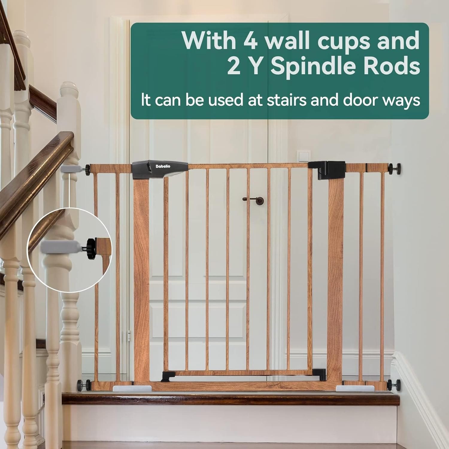 Mom's Choice Award Winner-BABELIO 26-40" Metal Baby Gate with Wood Pattern, PressGuard C5 Easy Install Pressure Mounted Dog Gate for Stairs and Doorways, with Wall Protectors and Extension Kits Wood Pattern 30"Tall 26"-40" Wide — photo 4