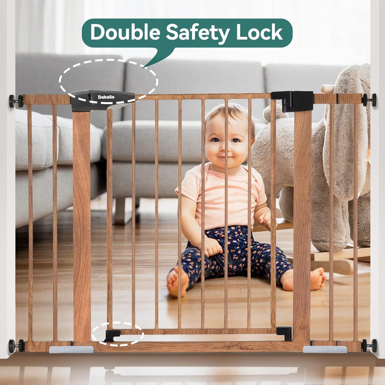 Mom's Choice Award Winner-BABELIO 26-40" Metal Baby Gate with Wood Pattern, PressGuard C5 Easy Install Pressure Mounted Dog Gate for Stairs and Doorways, with Wall Protectors and Extension Kits Wood Pattern 30"Tall 26"-40" Wide — photo 5