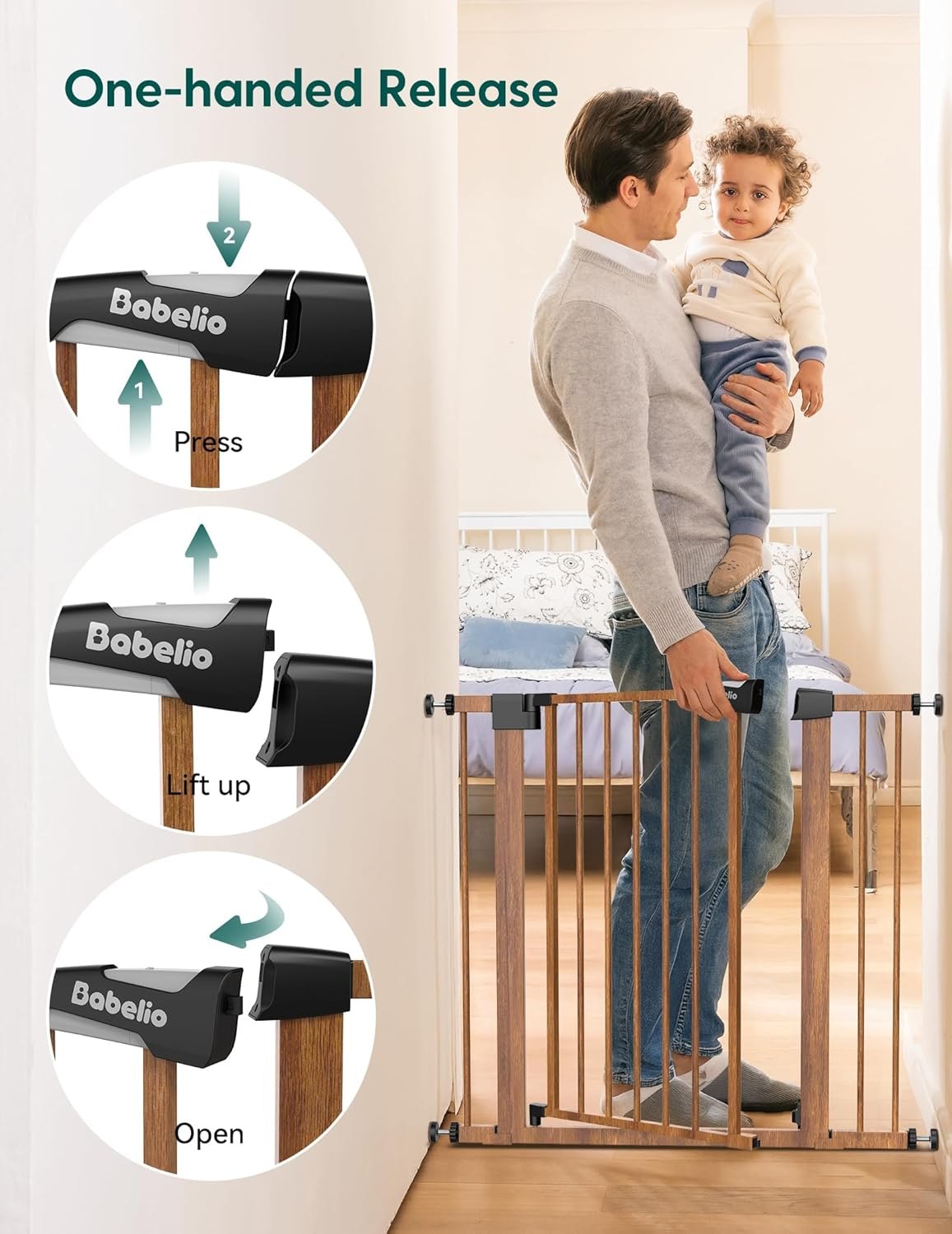 Mom's Choice Award Winner-BABELIO 26-40" Metal Baby Gate with Wood Pattern, PressGuard C5 Easy Install Pressure Mounted Dog Gate for Stairs and Doorways, with Wall Protectors and Extension Kits Wood Pattern 30"Tall 26"-40" Wide — photo 6