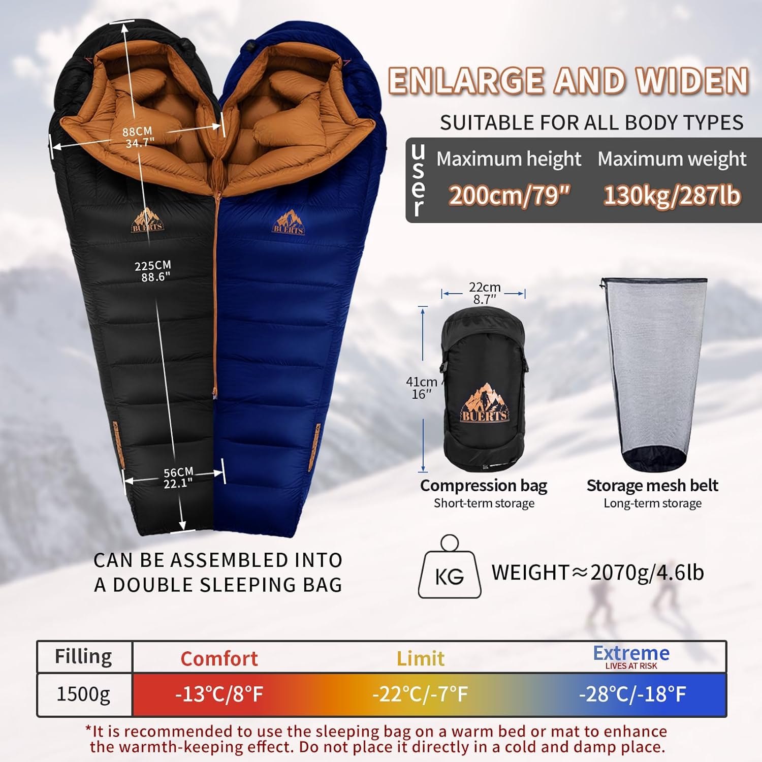 Down Backpacking Sleeping Bag 680FP. Cold Weather Sleeping Bag 0°F-32°F (Multiple Temperature Options), XL Large 4 Season Sleeping Bag for Adults Camping Hiking Mountaineering. -7 Degree Blue