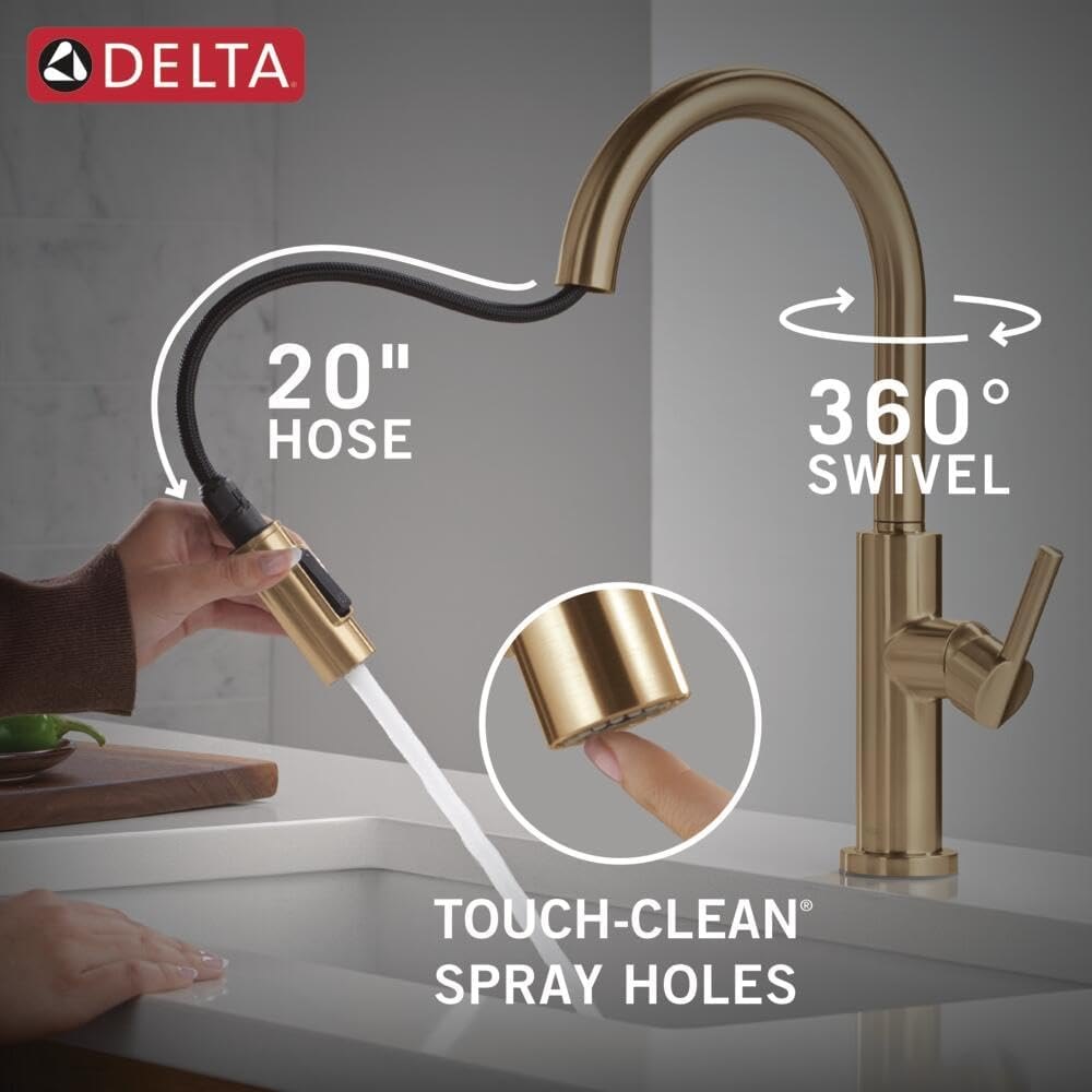 Delta Nicoli Brushed Gold Kitchen Faucet with Pull Down Sprayer, Modern Single Hole Kitchen Sink Faucet, Single Handle, Champagne Bronze 19867LF- CZ PM — photo 5