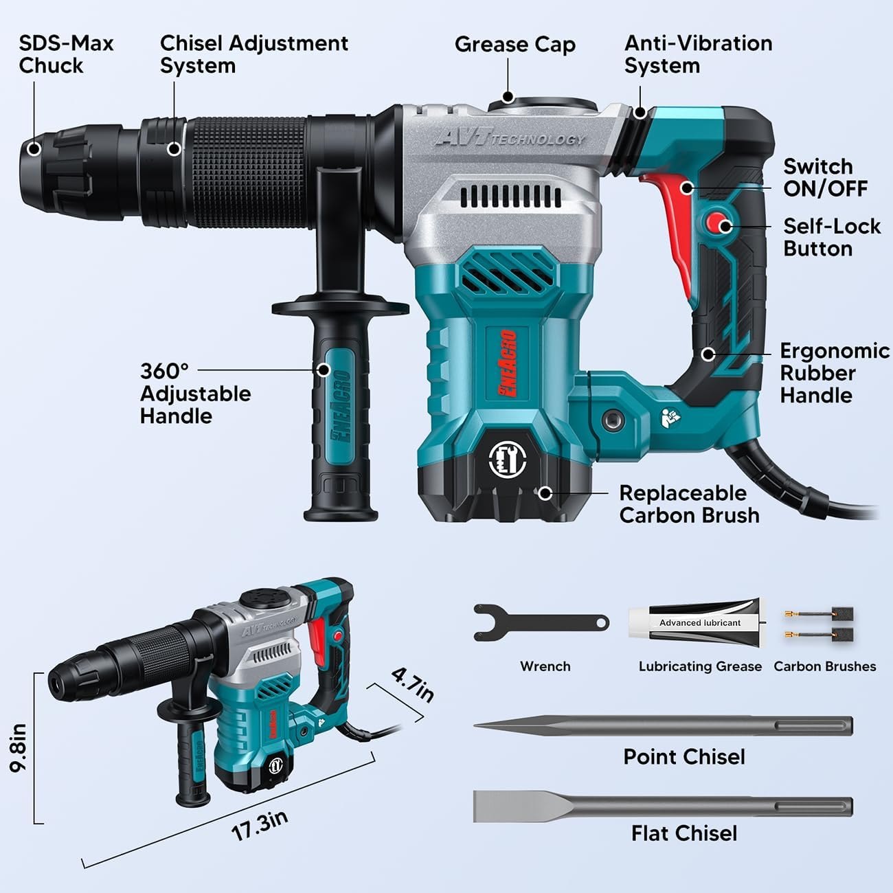 ENEACRO SDS-Max Demolition Jack Hammer for Concrete, Lightweight 11 Amp Electric Demo Chipping Hammer?Aluminum Alloy Shell, Vibration Control, Includes Grease, Tool Bag and Chisels