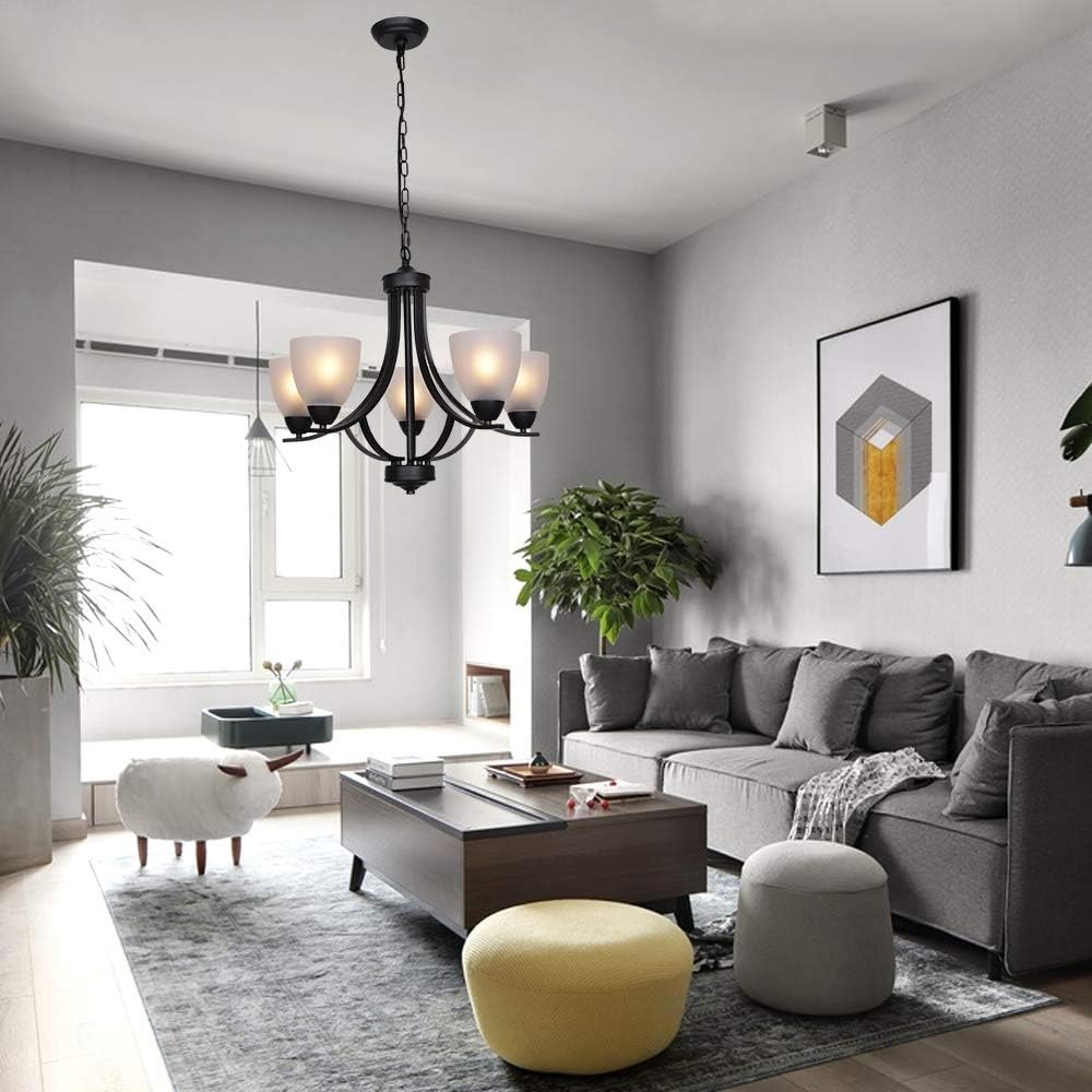 VINLUZ 5 Light Shaded Contemporary Chandeliers with Alabaster Glass Black Rustic Light Fixtures Ceiling Hanging Mid Century Modern Pendant Lighting for Dining Room Foyer Bedroom Living Room black 5 light 5 light PM — photo 2