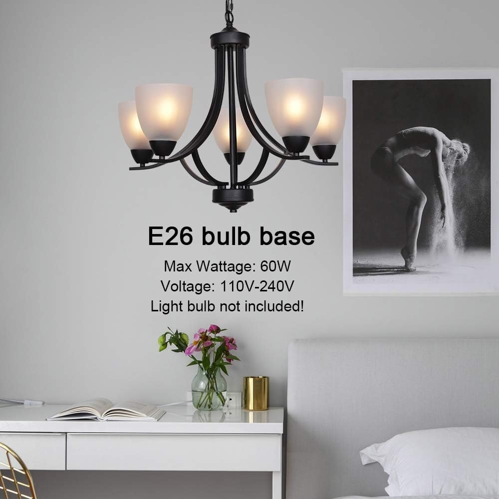 VINLUZ 5 Light Shaded Contemporary Chandeliers with Alabaster Glass Black Rustic Light Fixtures Ceiling Hanging Mid Century Modern Pendant Lighting for Dining Room Foyer Bedroom Living Room black 5 light 5 light PM — photo 3