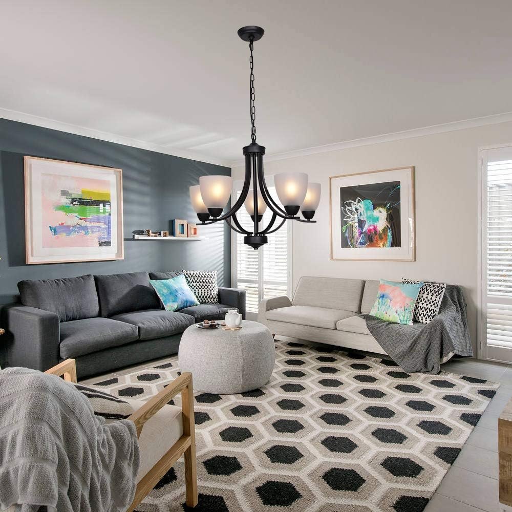 VINLUZ 5 Light Shaded Contemporary Chandeliers with Alabaster Glass Black Rustic Light Fixtures Ceiling Hanging Mid Century Modern Pendant Lighting for Dining Room Foyer Bedroom Living Room black 5 light 5 light PM — photo 4