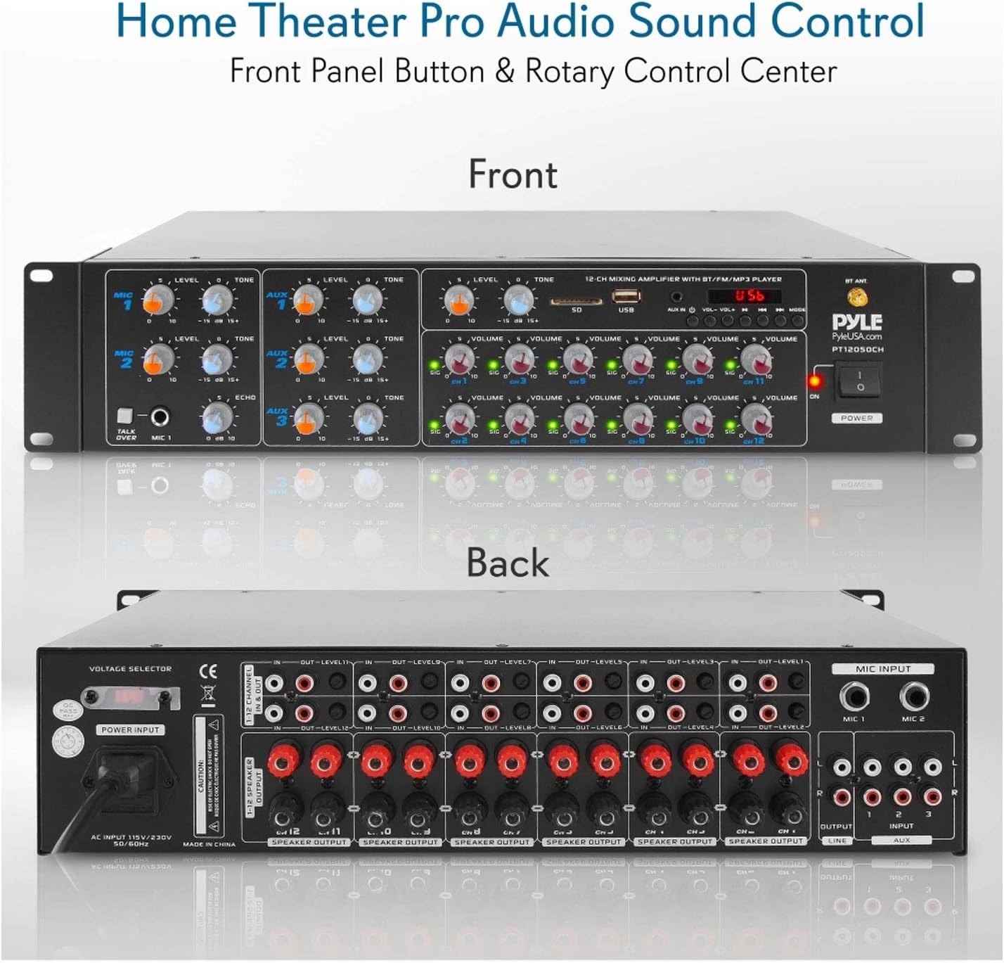 Pyle 12 Channel Power Amplifier w Bluetooth Wireless- 600W Max Power Rack Mount Amplifier with Multi-Zone Sound Mixer–RCA, USB and AUX inputs-Great for Restaurant, Theater, Studio or Stage- PT12050CH