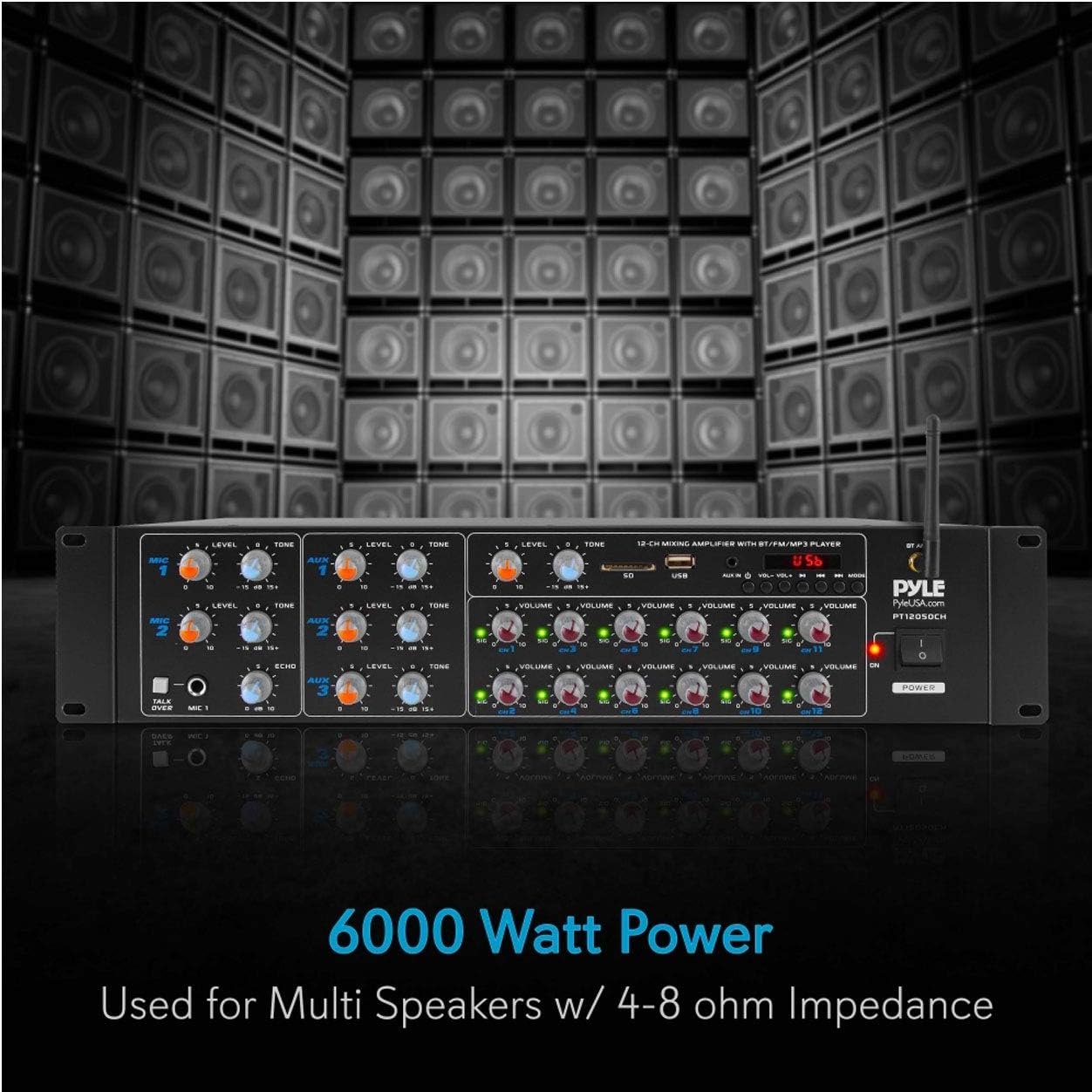 Pyle 12 Channel Power Amplifier w Bluetooth Wireless- 600W Max Power Rack Mount Amplifier with Multi-Zone Sound Mixer–RCA, USB and AUX inputs-Great for Restaurant, Theater, Studio or Stage- PT12050CH — photo 2