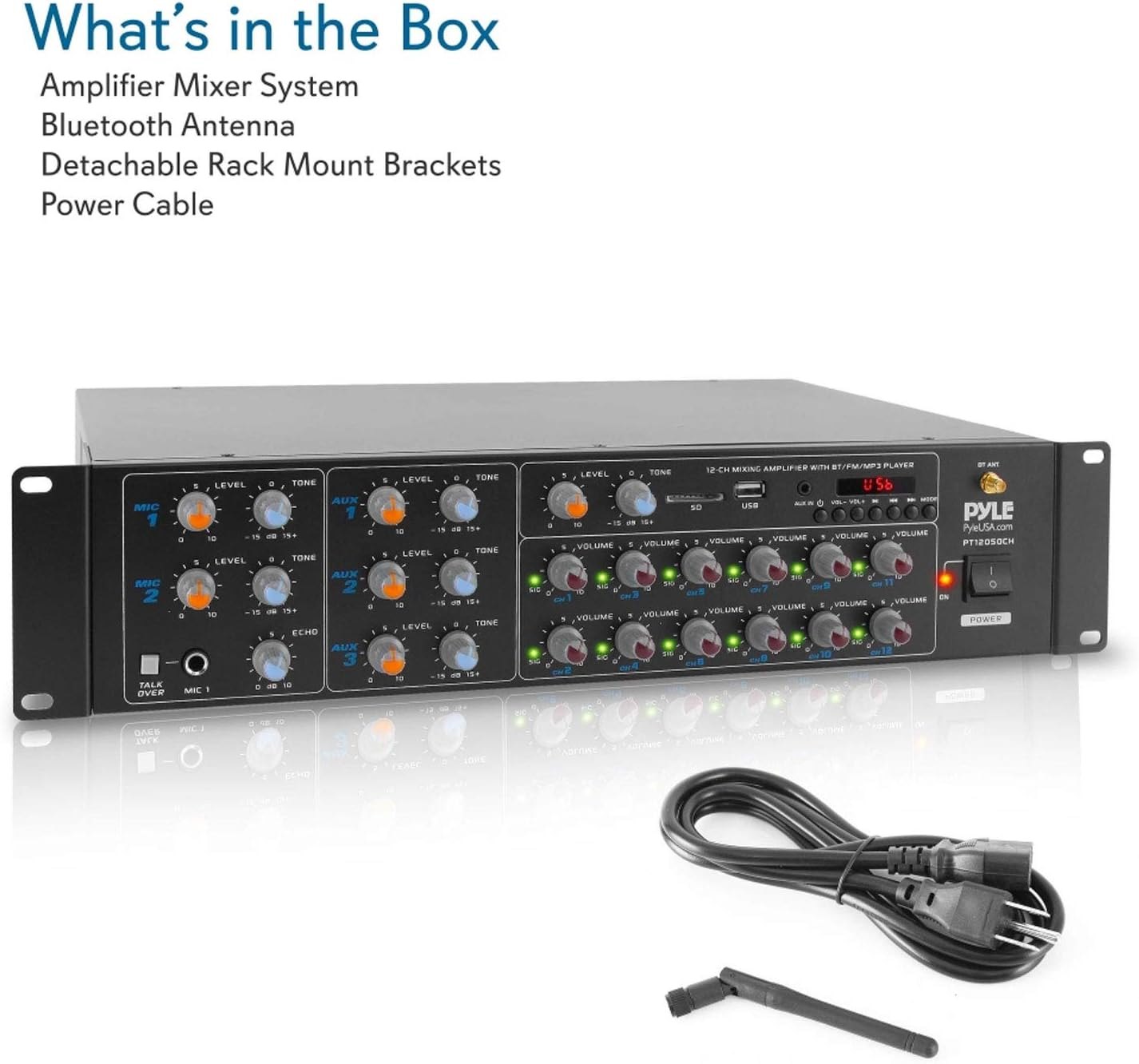 Pyle 12 Channel Power Amplifier w Bluetooth Wireless- 600W Max Power Rack Mount Amplifier with Multi-Zone Sound Mixer–RCA, USB and AUX inputs-Great for Restaurant, Theater, Studio or Stage- PT12050CH — photo 4