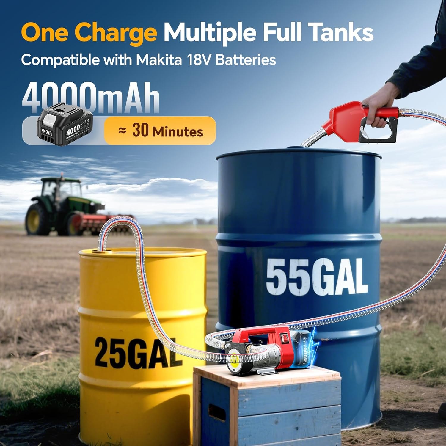 Fuel Transfer Pump Battery Powered, 12GPM Electric Pump Kit with 21V 4.0Ah Battery & Charger, Portable Cordless Pump with Auto-off Nozzle & 2x 6.6FT Hoses for Diesel Kerosene Transfer one-battery — photo 2