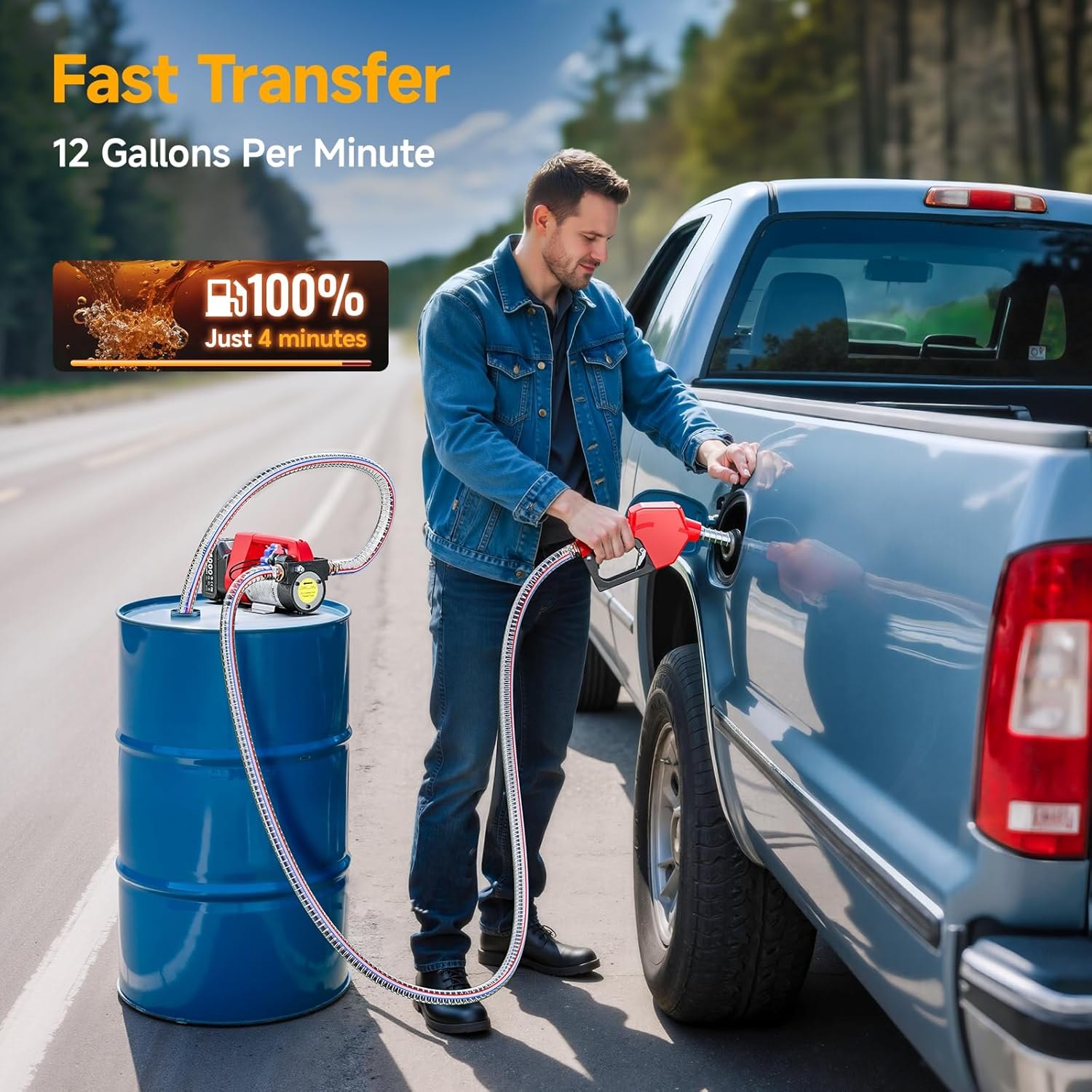 Fuel Transfer Pump Battery Powered, 12GPM Electric Pump Kit with 21V 4.0Ah Battery & Charger, Portable Cordless Pump with Auto-off Nozzle & 2x 6.6FT Hoses for Diesel Kerosene Transfer one-battery — photo 3