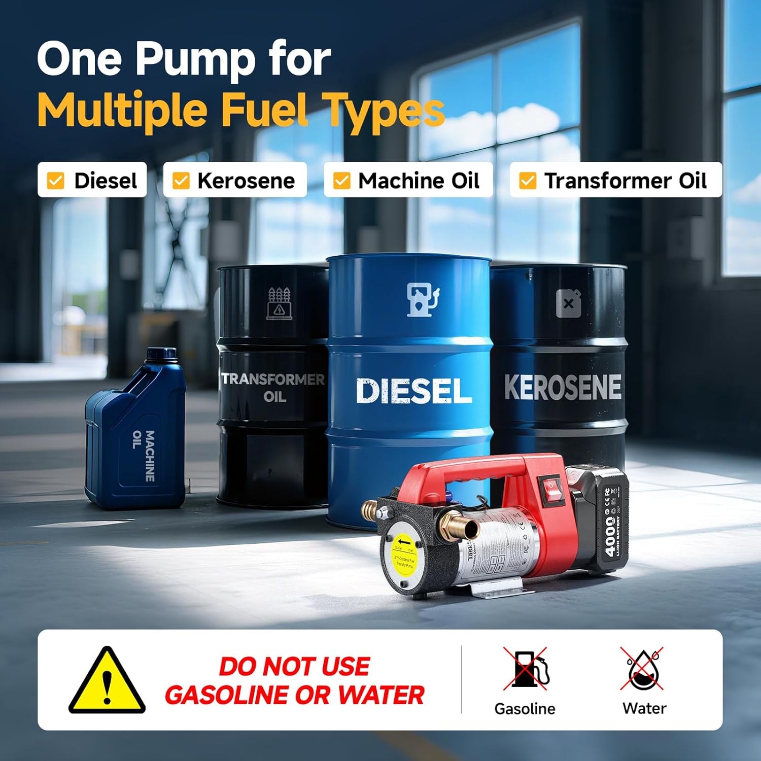 Fuel Transfer Pump Battery Powered, 12GPM Electric Pump Kit with 21V 4.0Ah Battery & Charger, Portable Cordless Pump with Auto-off Nozzle & 2x 6.6FT Hoses for Diesel Kerosene Transfer one-battery — photo 5