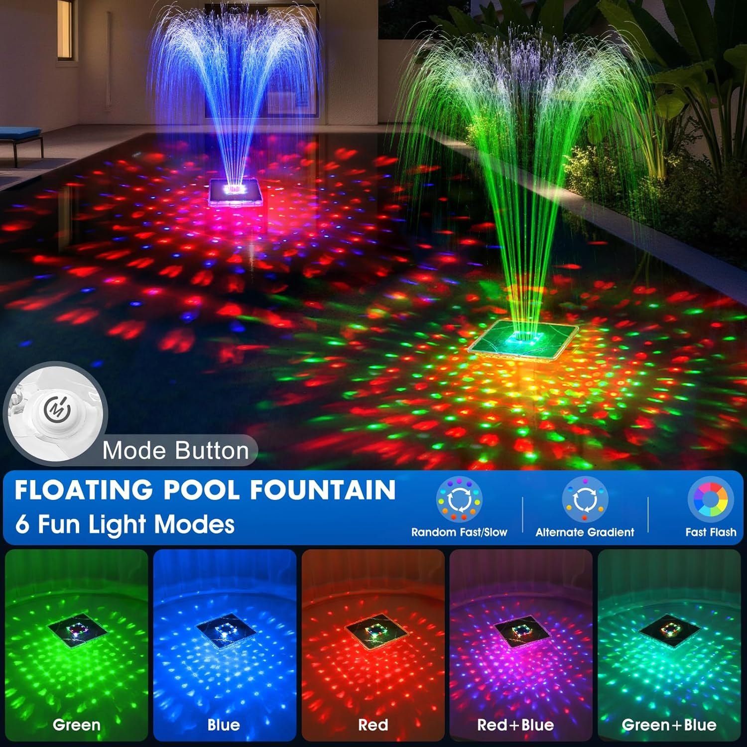 Upgraded Solar Pool Fountain with Lights,9.5'' Large Solar Floating Pool Fountain with Anchor, Above Ground Pool Water Fountains Pump,Swimming Pool Fountains for Inground Pool Blue-1PC