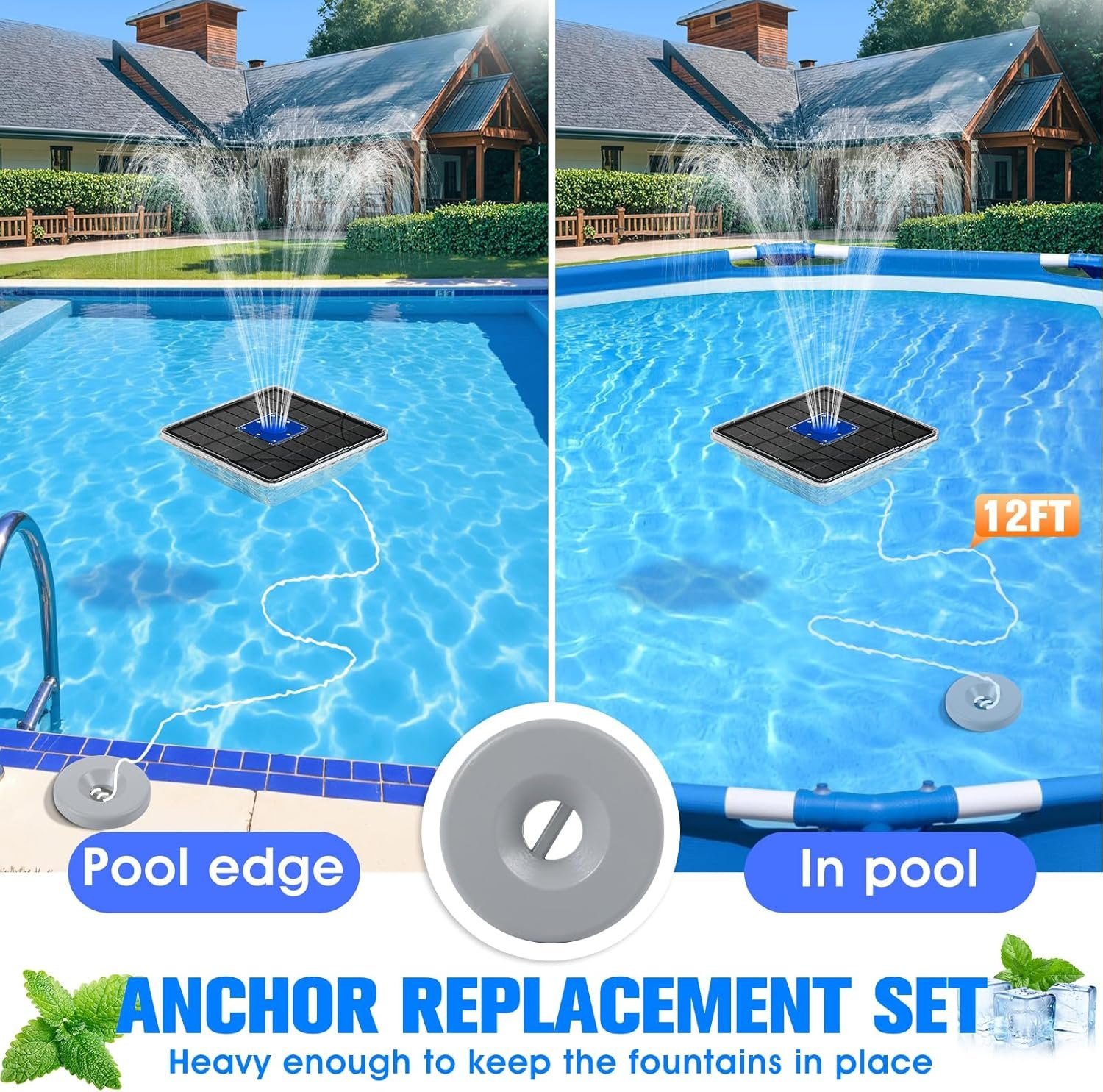 Upgraded Solar Pool Fountain with Lights,9.5'' Large Solar Floating Pool Fountain with Anchor, Above Ground Pool Water Fountains Pump,Swimming Pool Fountains for Inground Pool Blue-1PC — photo 4