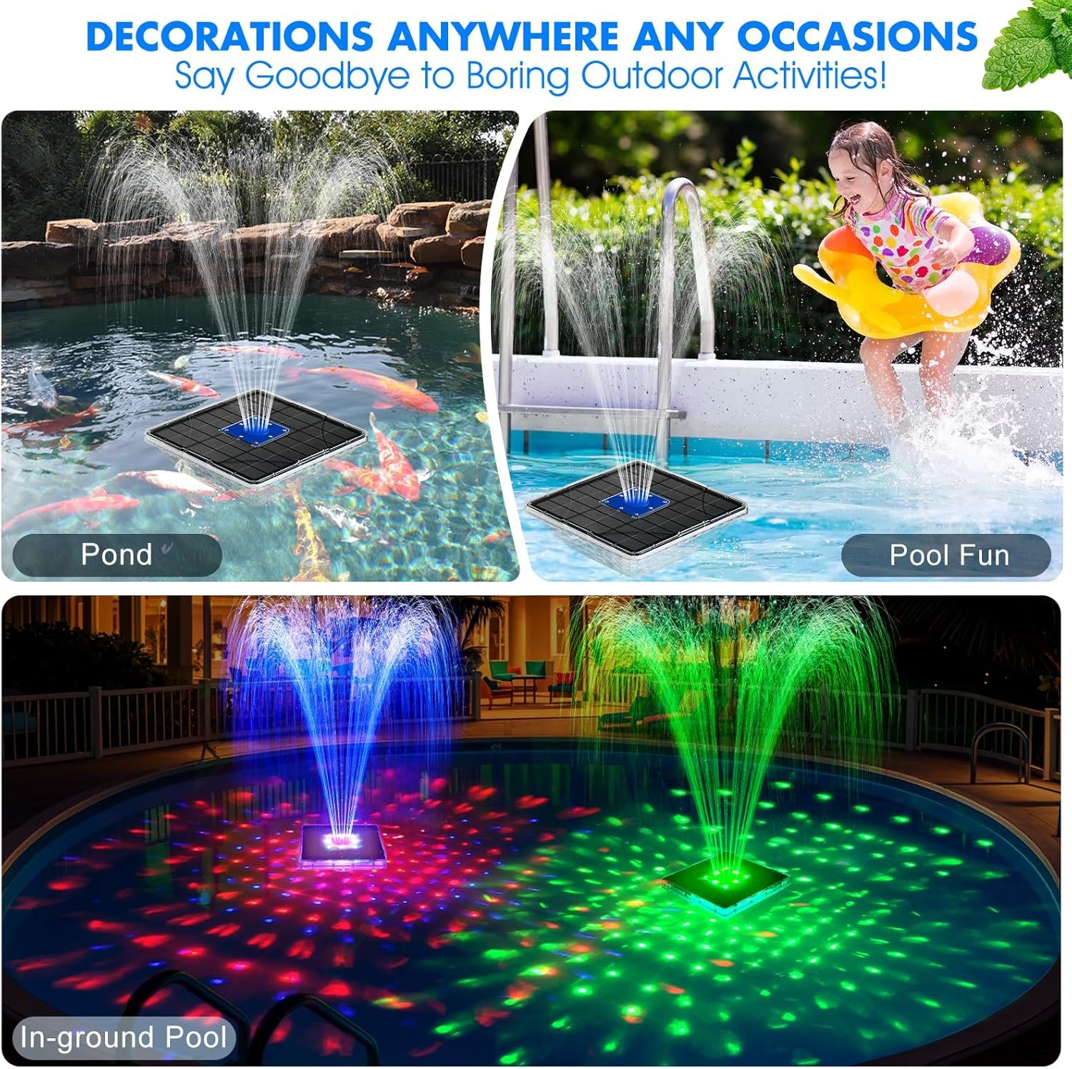 Upgraded Solar Pool Fountain with Lights,9.5'' Large Solar Floating Pool Fountain with Anchor, Above Ground Pool Water Fountains Pump,Swimming Pool Fountains for Inground Pool Blue-1PC — photo 5