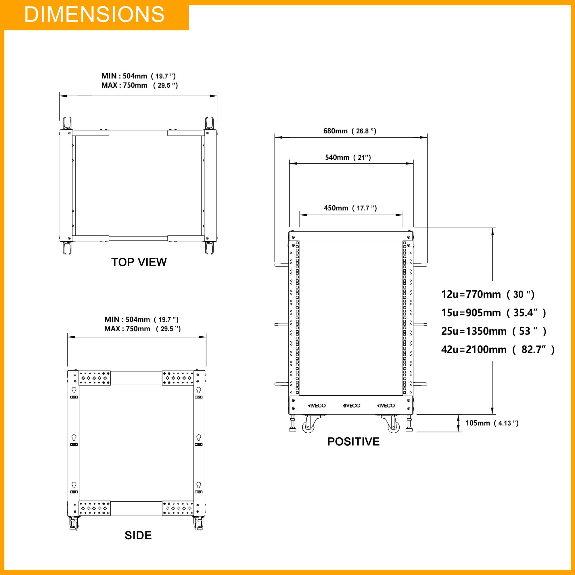 RIVECO 19” Adjustable Depth 42U Server Rack 4 Post Rack with Load-Bearing Casters Support Up to 1700LBS for Networking Equipment Black PM — photo 4