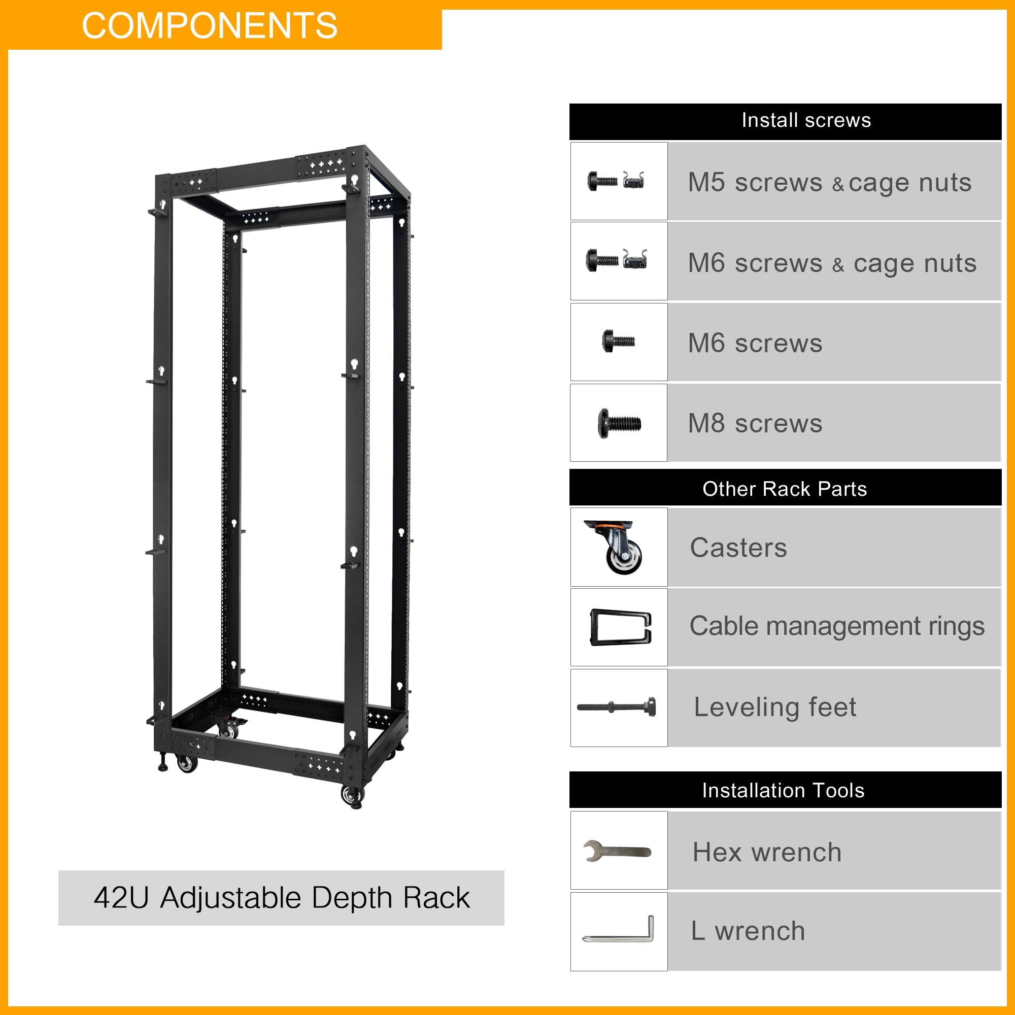 RIVECO 19” Adjustable Depth 42U Server Rack 4 Post Rack with Load-Bearing Casters Support Up to 1700LBS for Networking Equipment Black PM — photo 5