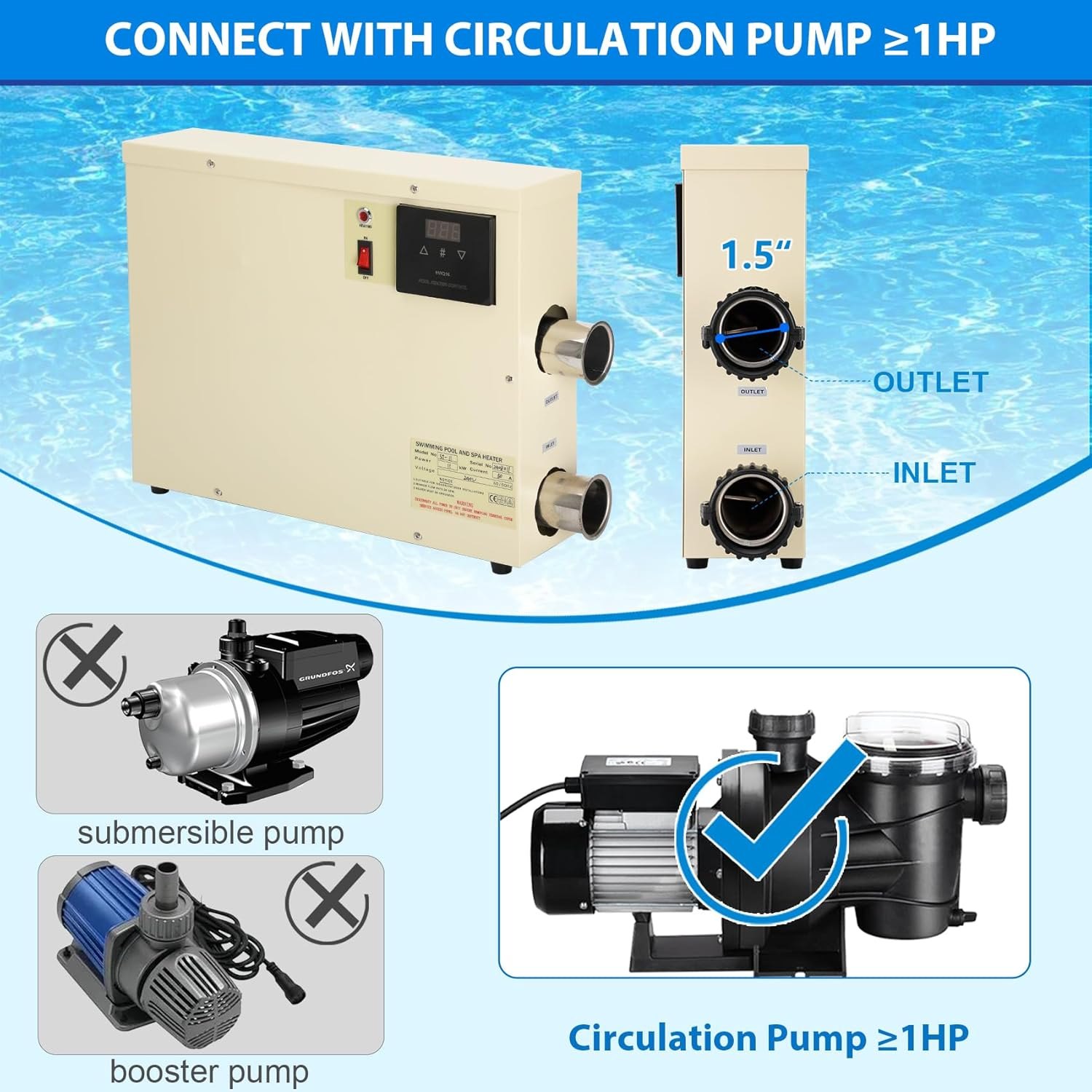 11KW 240V Pool Heater for Above Ground Pool, Electric Swimming Pool Heater with Touchscreeen, Hot Tub Thermostat for Spa, Bathtub, Above Inground Pool, 1500 Gallons (11KW) PM — photo 3