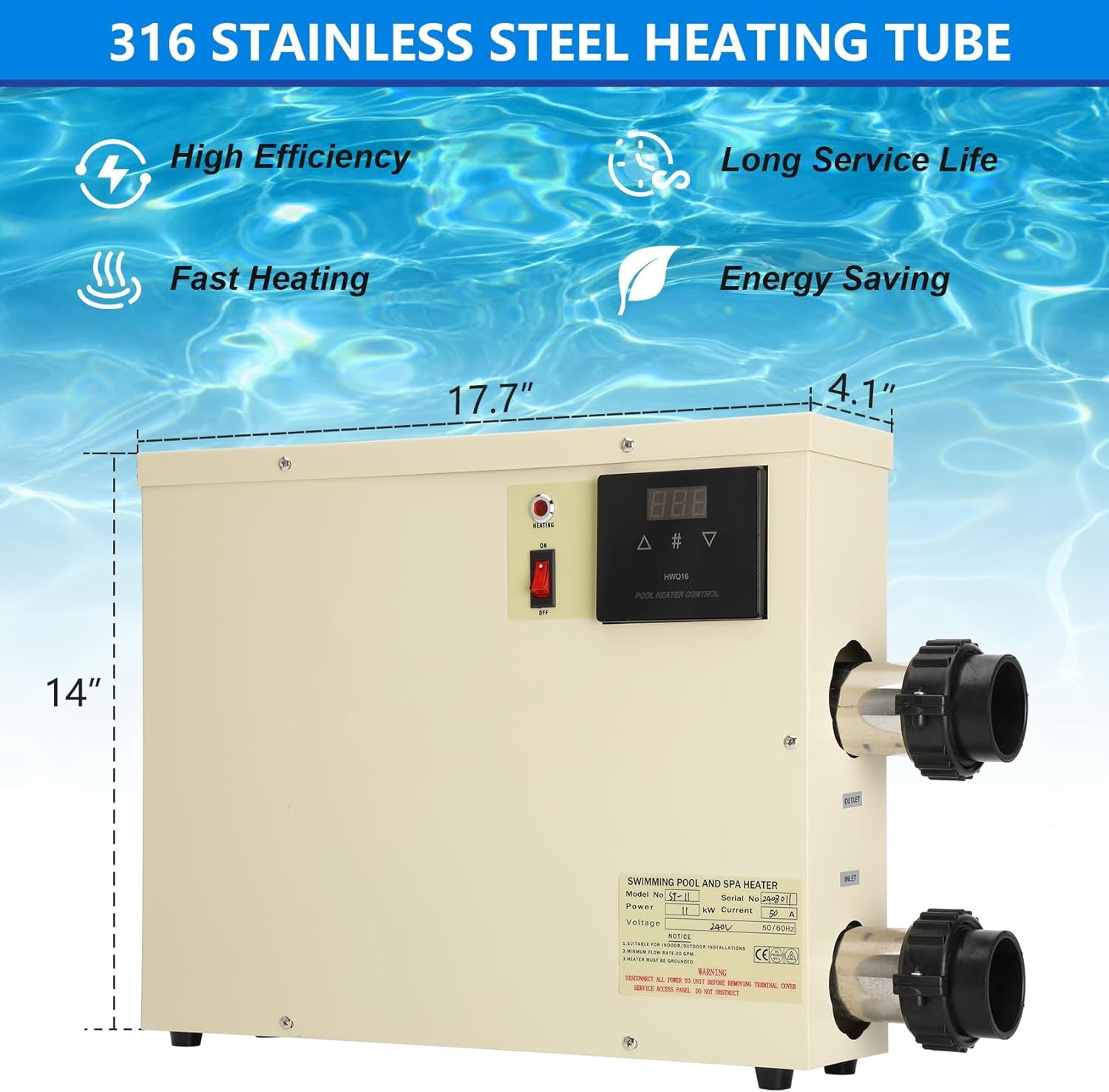 11KW 240V Pool Heater for Above Ground Pool, Electric Swimming Pool Heater with Touchscreeen, Hot Tub Thermostat for Spa, Bathtub, Above Inground Pool, 1500 Gallons (11KW) PM — photo 5