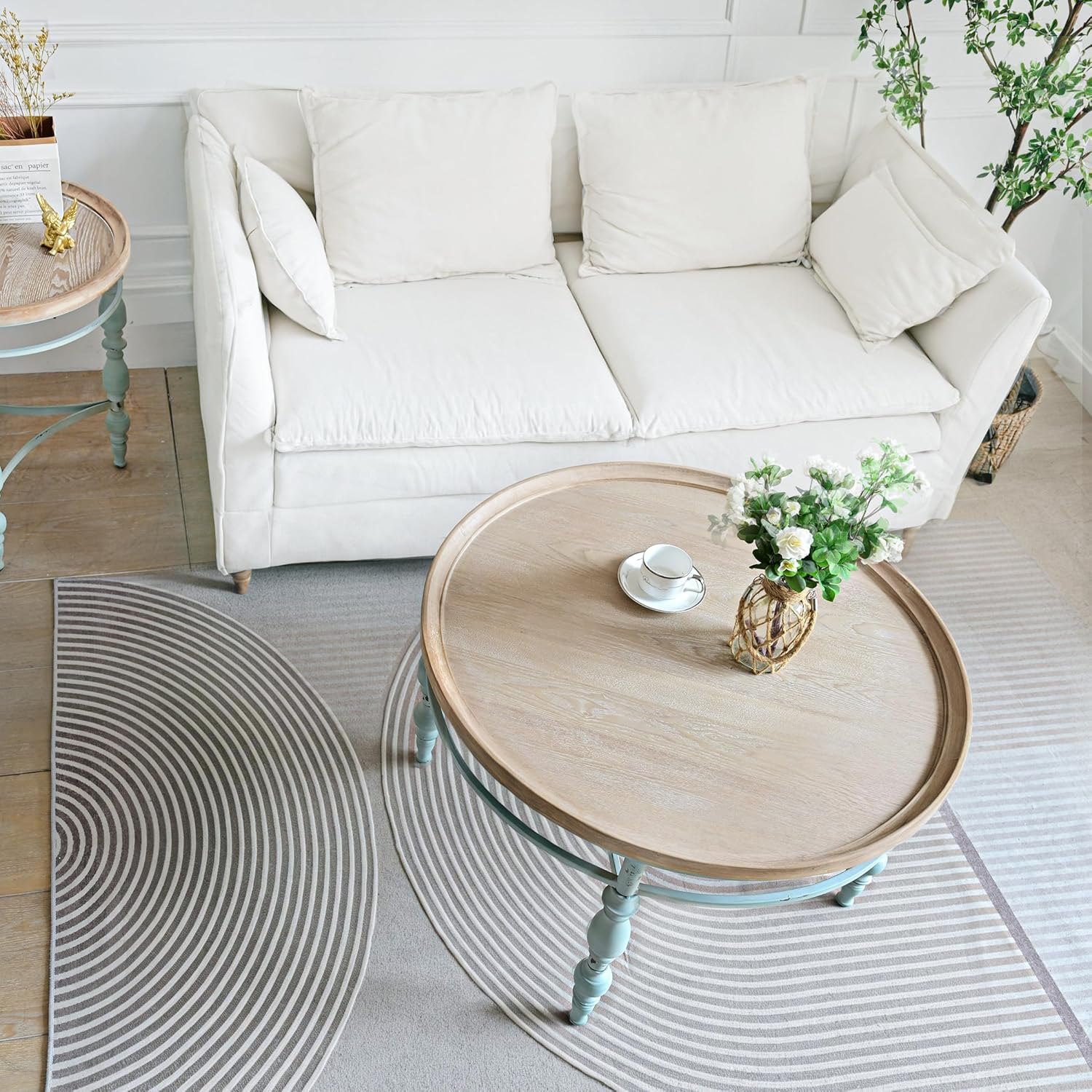 Rustic Farmhouse Round Coffee Table, French Country Vintage Center Table,?31.5'' x18.9''H Rustic Solid Wood with Vintage Iron Legs, for Living Room, Bedroom,Dinning Room,Nature White Nature Large — photo 2