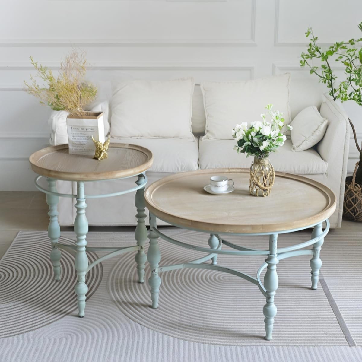 Rustic Farmhouse Round Coffee Table, French Country Vintage Center Table,?31.5'' x18.9''H Rustic Solid Wood with Vintage Iron Legs, for Living Room, Bedroom,Dinning Room,Nature White Nature Large — photo 4