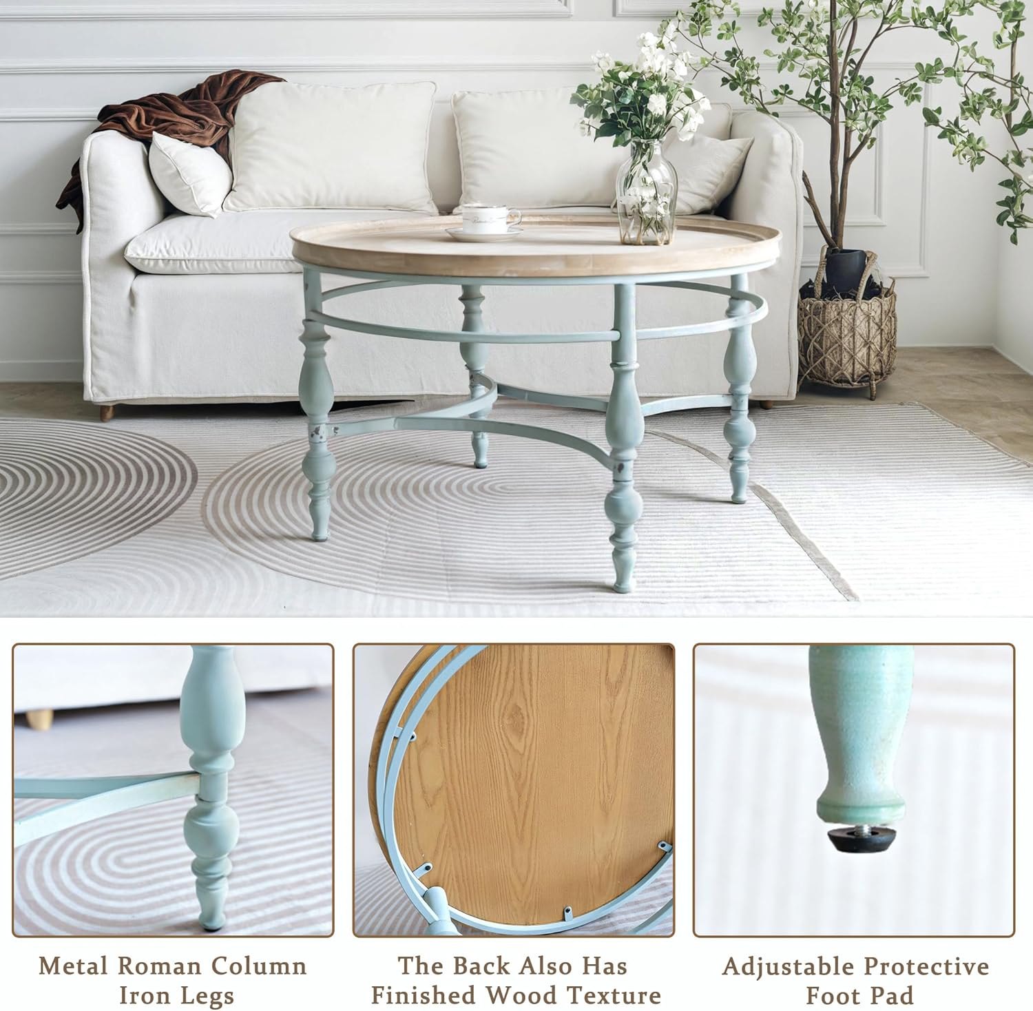 Rustic Farmhouse Round Coffee Table, French Country Vintage Center Table,?31.5'' x18.9''H Rustic Solid Wood with Vintage Iron Legs, for Living Room, Bedroom,Dinning Room,Nature White Nature Large — photo 5