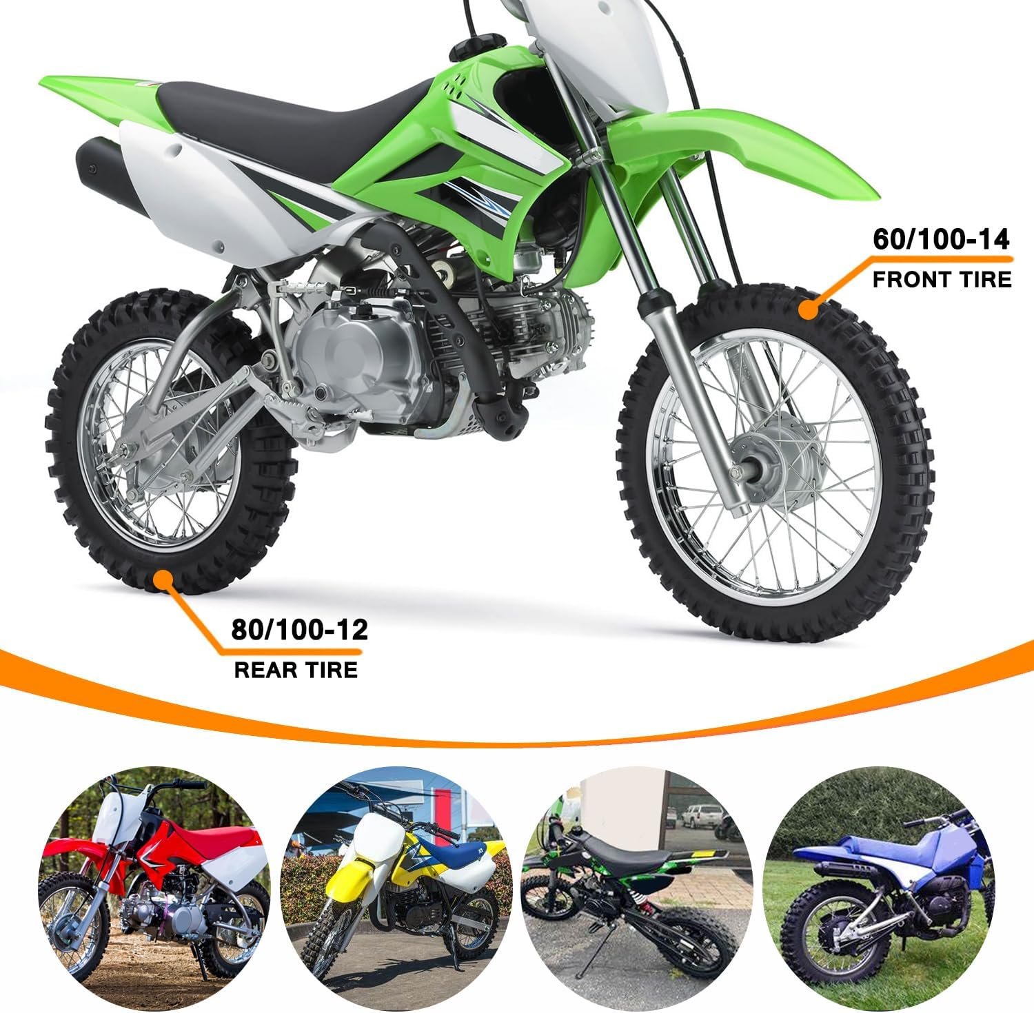 Rear 80/100-12 3.00-12 Front 60/100-14 2.50-14 Tire and Inner Tube for 110cc 125cc CRF70 CRF110 KLX110 TTR90 PW80 RM60 RM65 TaoTao DB14 SSR Apollo Coolster Dirt Pit Bike Motorcycle Heavy Duty PM