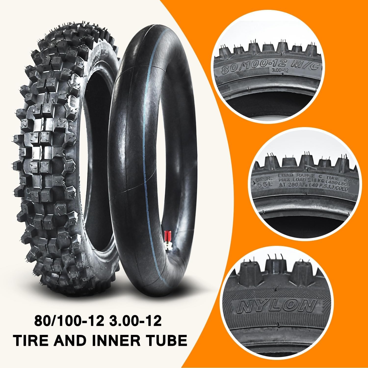 Rear 80/100-12 3.00-12 Front 60/100-14 2.50-14 Tire and Inner Tube for 110cc 125cc CRF70 CRF110 KLX110 TTR90 PW80 RM60 RM65 TaoTao DB14 SSR Apollo Coolster Dirt Pit Bike Motorcycle Heavy Duty PM — photo 4