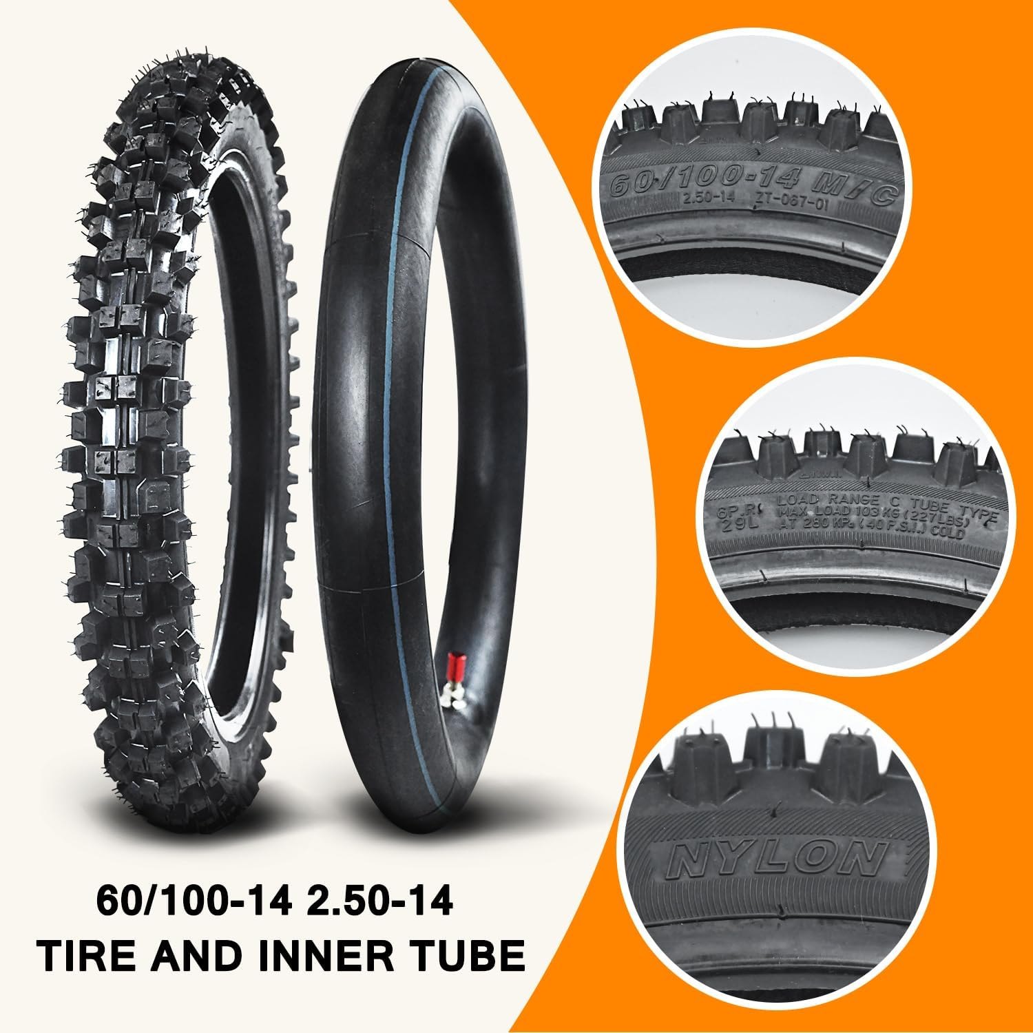 Rear 80/100-12 3.00-12 Front 60/100-14 2.50-14 Tire and Inner Tube for 110cc 125cc CRF70 CRF110 KLX110 TTR90 PW80 RM60 RM65 TaoTao DB14 SSR Apollo Coolster Dirt Pit Bike Motorcycle Heavy Duty PM — photo 5