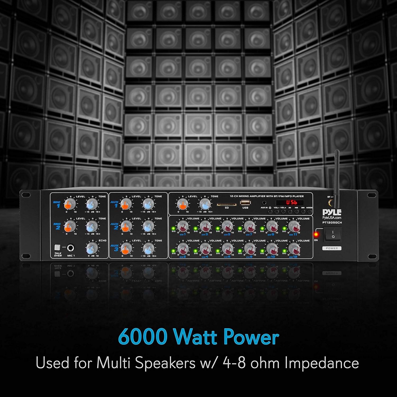 Pyle 12-Channel Wireless Bluetooth Power Amplifier - 6000 Watts Maximum Power Output, Multi-Zone Audio Source Mixer Receiver with USB, SD, AUX Inputs, and Digital LED Display Panel - PT12050CH.5 — photo 2