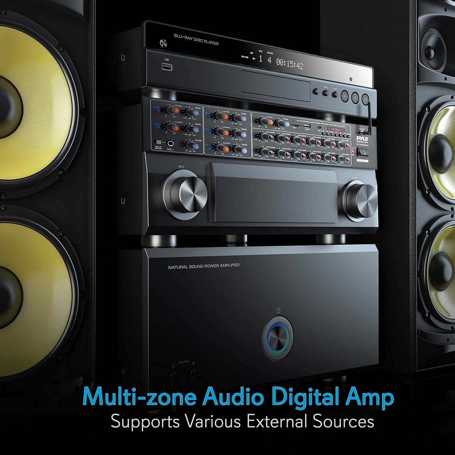Pyle 12-Channel Wireless Bluetooth Power Amplifier - 6000 Watts Maximum Power Output, Multi-Zone Audio Source Mixer Receiver with USB, SD, AUX Inputs, and Digital LED Display Panel - PT12050CH.5 — photo 4