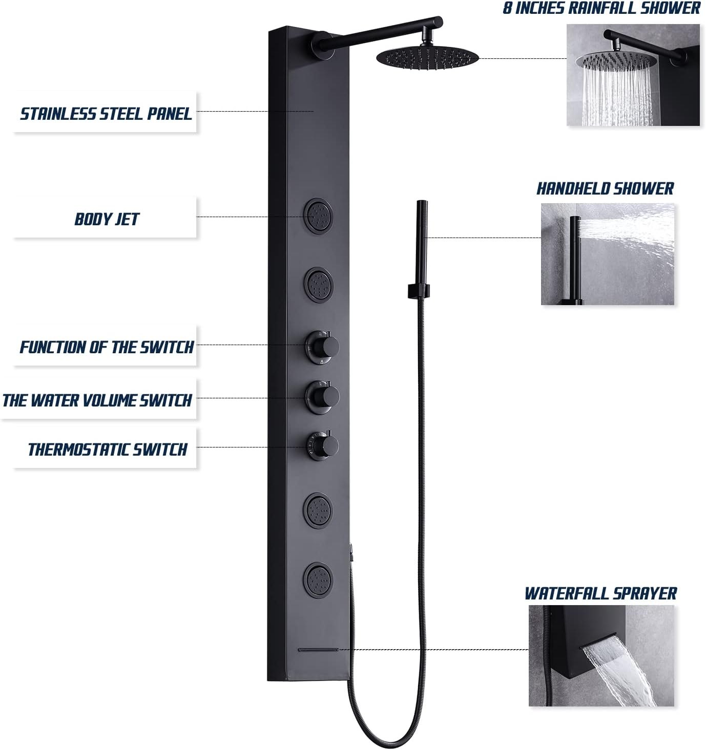 Achelous Round Rainfall Shower Head Panel System with Thermostatic,Stainless Steel High Pressure Turbo Body Jets Waterfall Shower Tower,Brass Handheld Wand in Matte Black Round Matte Black