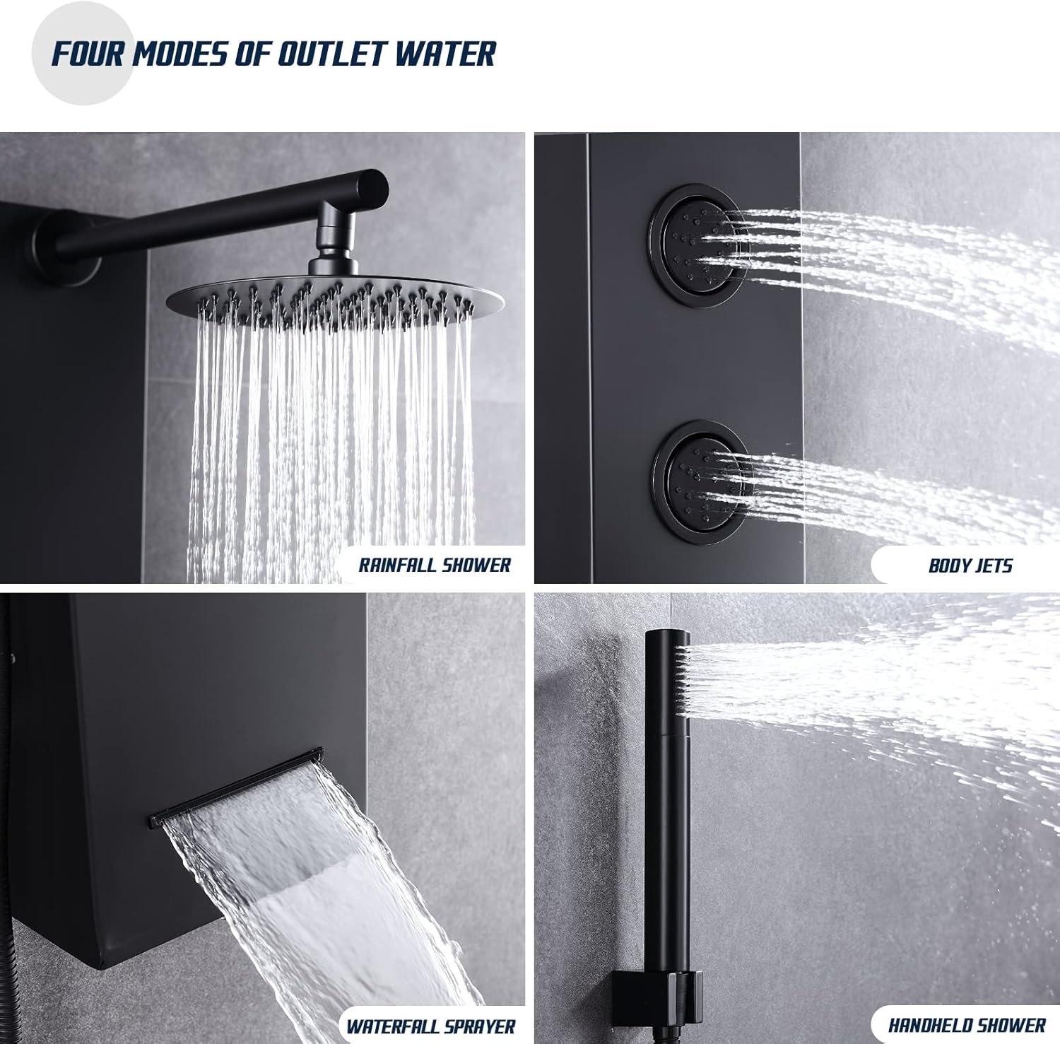 Achelous Round Rainfall Shower Head Panel System with Thermostatic,Stainless Steel High Pressure Turbo Body Jets Waterfall Shower Tower,Brass Handheld Wand in Matte Black Round Matte Black — photo 2
