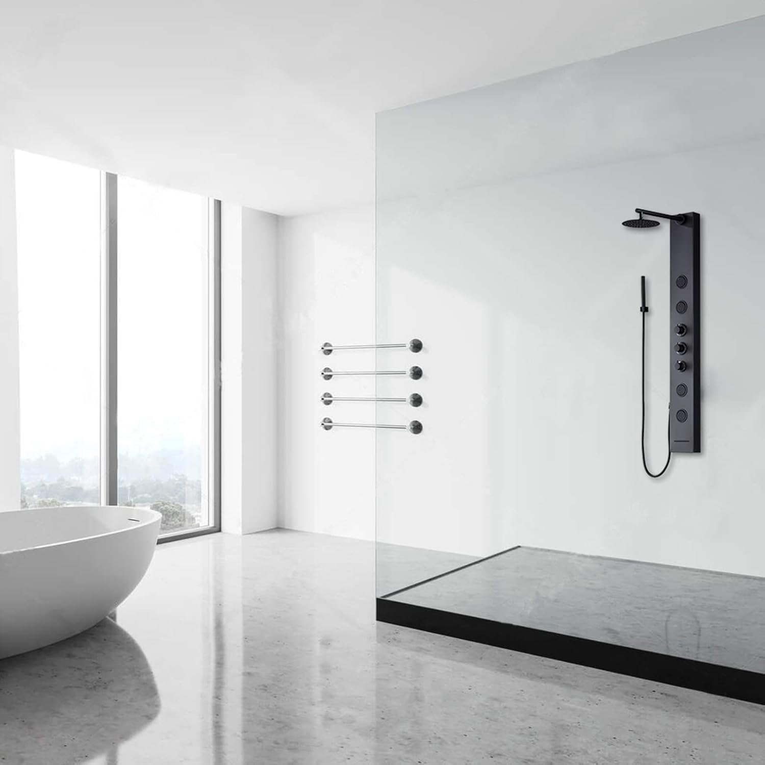 Achelous Round Rainfall Shower Head Panel System with Thermostatic,Stainless Steel High Pressure Turbo Body Jets Waterfall Shower Tower,Brass Handheld Wand in Matte Black Round Matte Black — photo 4