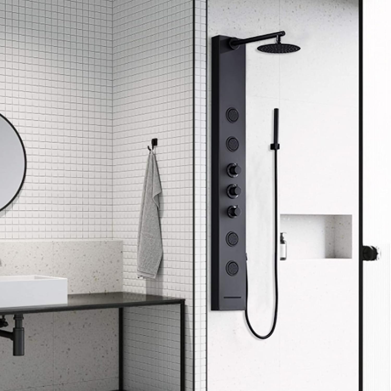 Achelous Round Rainfall Shower Head Panel System with Thermostatic,Stainless Steel High Pressure Turbo Body Jets Waterfall Shower Tower,Brass Handheld Wand in Matte Black Round Matte Black — photo 5