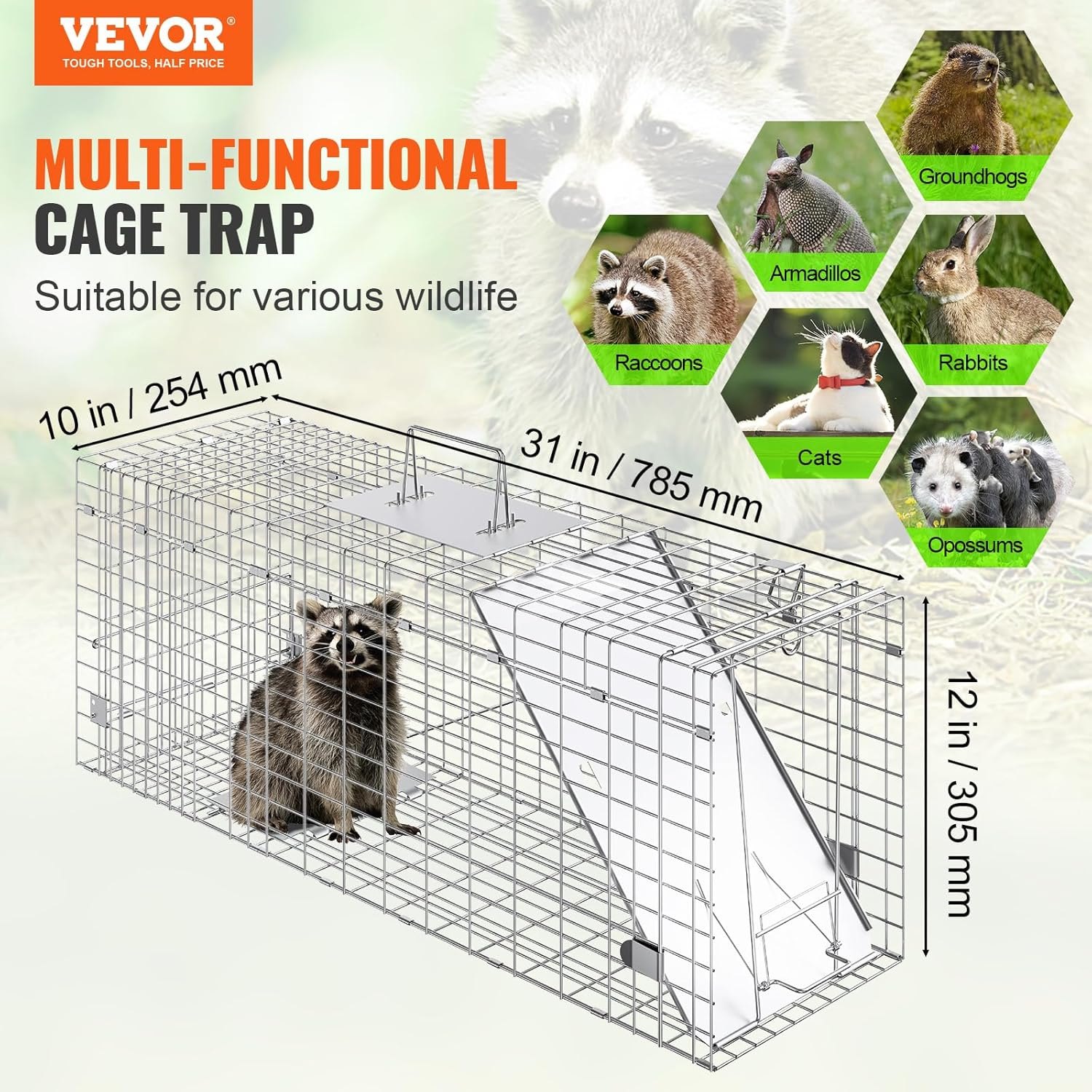 VEVOR Live Animal Cage Trap, 31" x 10" x 12" Humane Cat Trap Galvanized Iron, Folding Animal Trap with Handle for Rabbits, Stray Cats, Squirrels, Raccoons, Groundhogs and Opossums