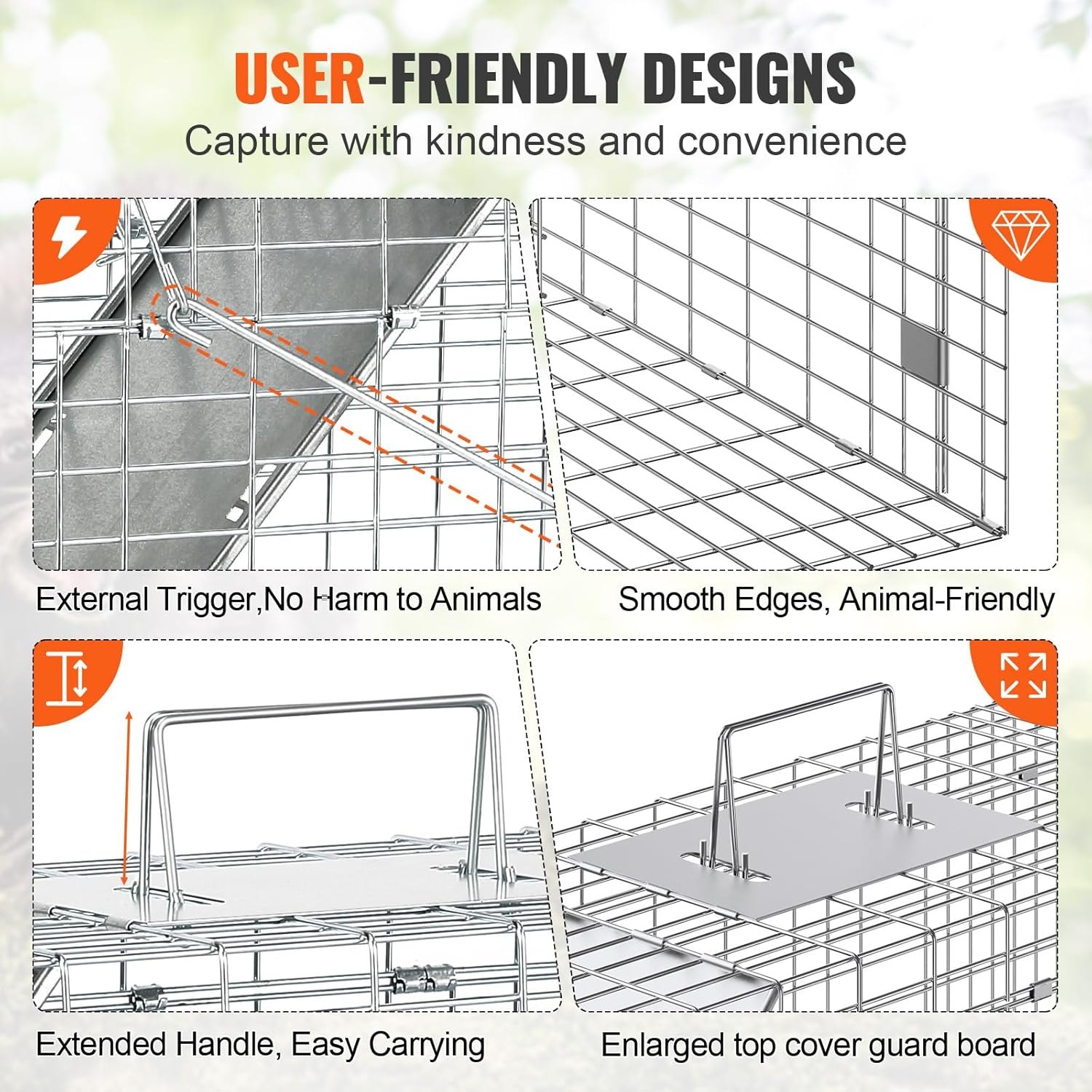VEVOR Live Animal Cage Trap, 31" x 10" x 12" Humane Cat Trap Galvanized Iron, Folding Animal Trap with Handle for Rabbits, Stray Cats, Squirrels, Raccoons, Groundhogs and Opossums — photo 2