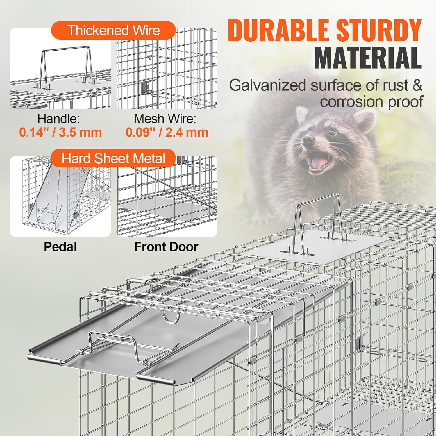 VEVOR Live Animal Cage Trap, 31" x 10" x 12" Humane Cat Trap Galvanized Iron, Folding Animal Trap with Handle for Rabbits, Stray Cats, Squirrels, Raccoons, Groundhogs and Opossums — photo 3