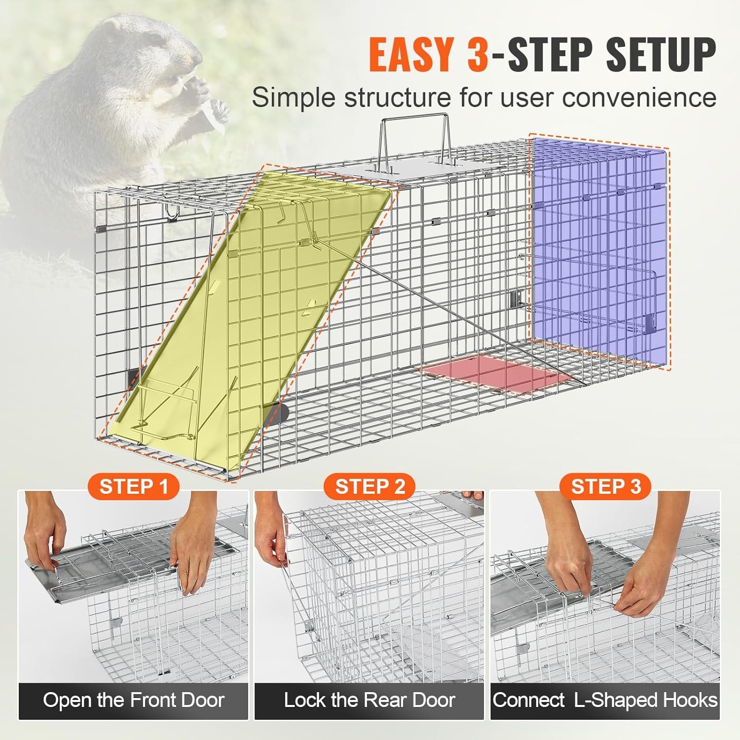 VEVOR Live Animal Cage Trap, 31" x 10" x 12" Humane Cat Trap Galvanized Iron, Folding Animal Trap with Handle for Rabbits, Stray Cats, Squirrels, Raccoons, Groundhogs and Opossums — photo 4