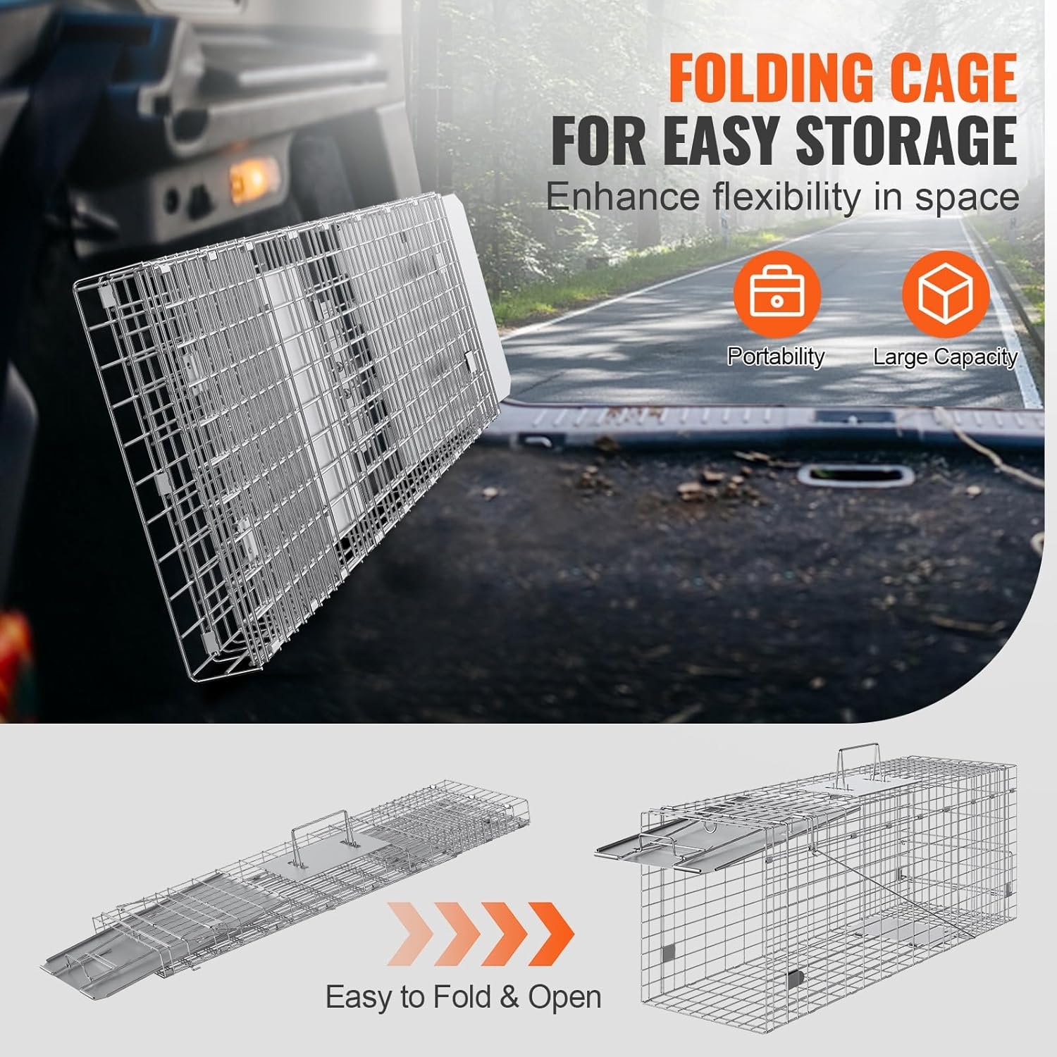 VEVOR Live Animal Cage Trap, 31" x 10" x 12" Humane Cat Trap Galvanized Iron, Folding Animal Trap with Handle for Rabbits, Stray Cats, Squirrels, Raccoons, Groundhogs and Opossums — photo 5